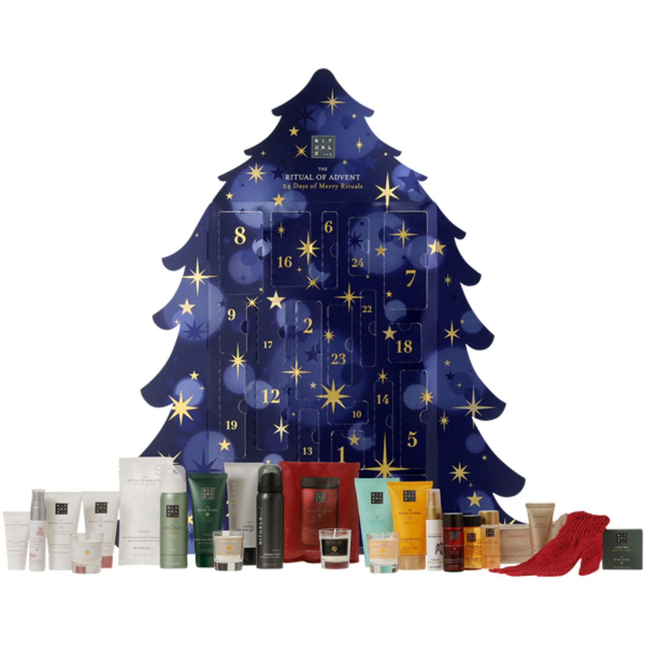 Adventskalender in Tannenbaumform mit Produkten. Blaue Oberfläche mit goldenen Sternen und Zahlen. Enthält 24 Türchen.