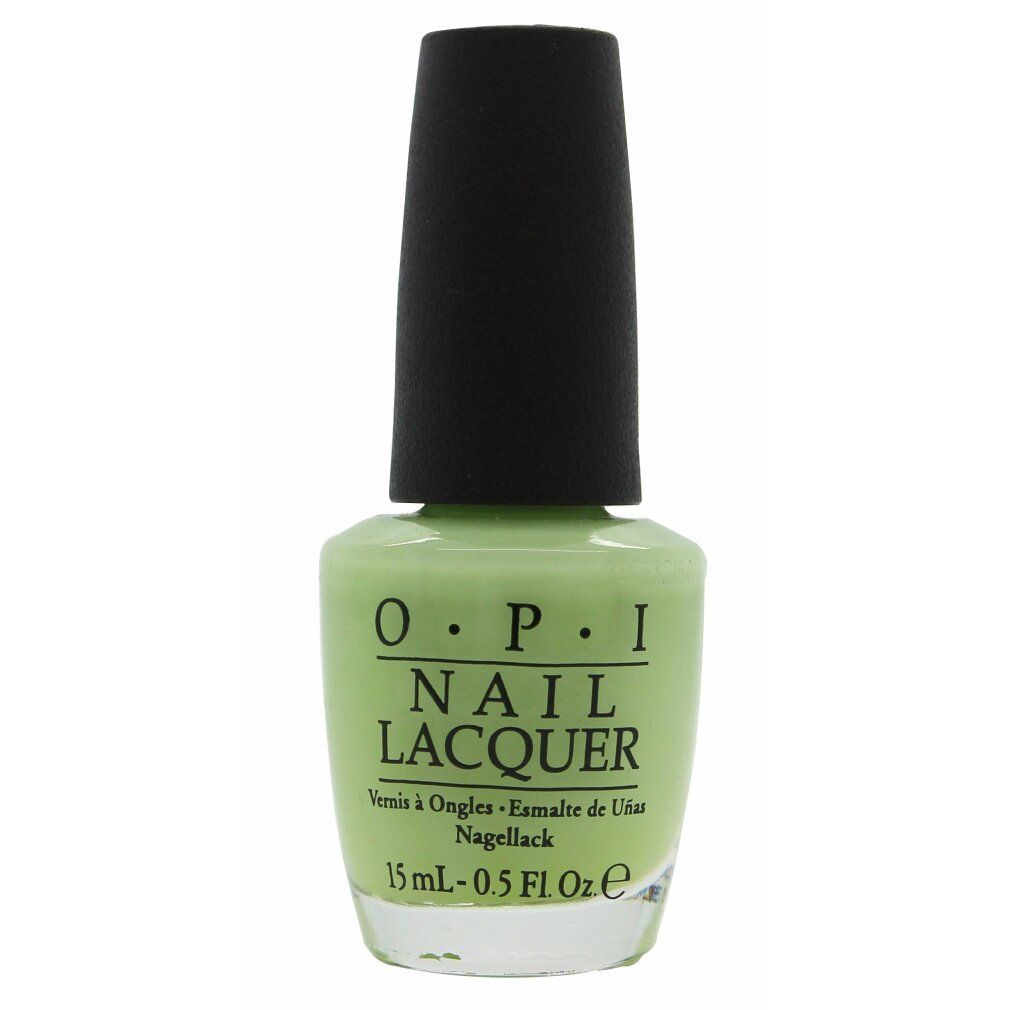 OPI Nagellack, hellgrün. Schwarzer Deckel. Aufschrift: OPI NAIL LACQUER. Volumen: 15 ml - 0.5 FL.OZ.e.