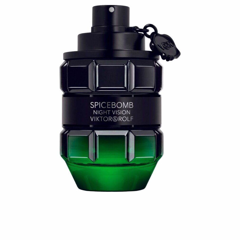 Schwarze Flasche mit grünem Boden. Text: SPICEBOMB NIGHT VISION VIKTOR&ROLF. Schwarzer Verschluss.