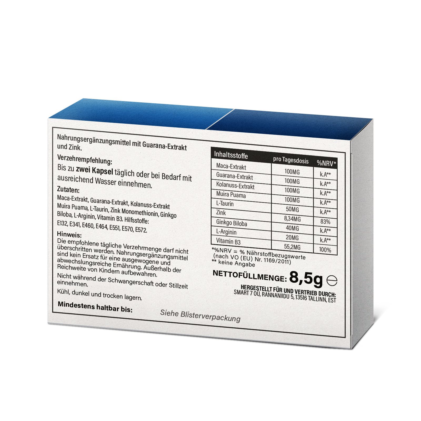 Produktverpackung mit Inhaltsstoffangaben. Aufschrift: Nahrungsergänzungsmittel mit Guarana-Extrakt und Zink.