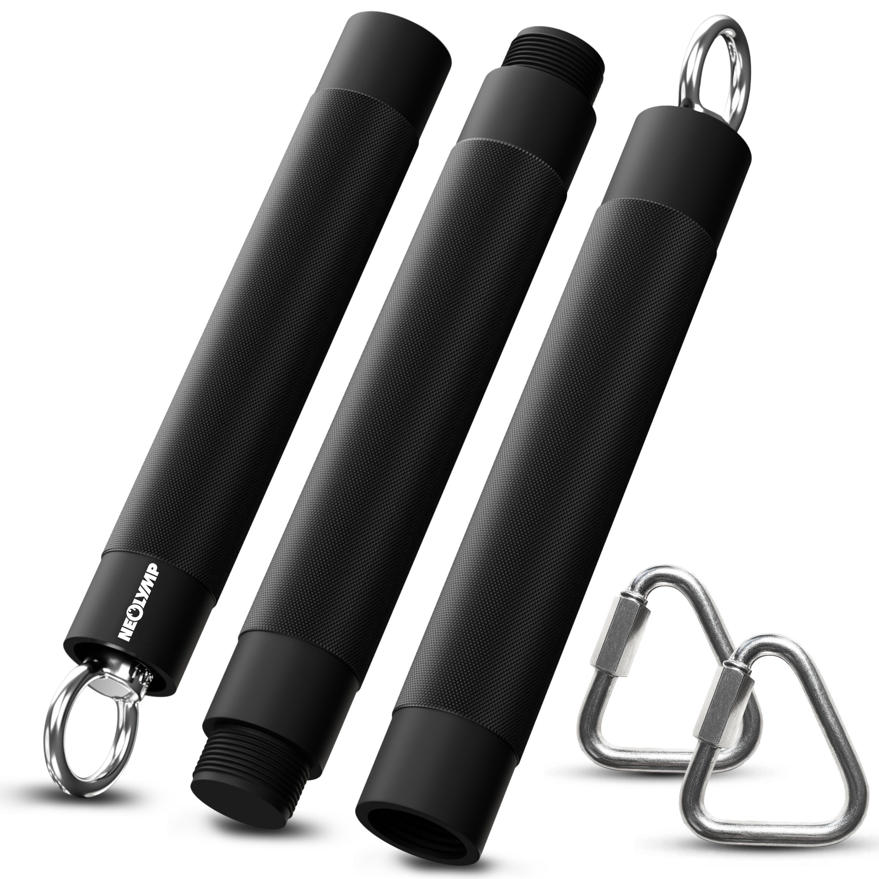 Drei schwarze Fitnessstangen mit Metallringen und zwei Karabinern. Auf einer Stange ist der Markenname NEOLYMP sichtbar.