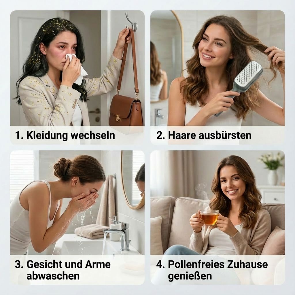 Vier Bilder. Frau putzt sich, wechselt Kleidung, wäscht sich, trinkt Tee. Text: 1. Kleidung wechseln, 2. Haare ausbürsten.