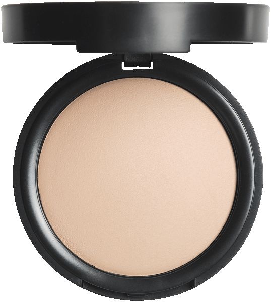 Runder, schwarzer Kompaktpuder mit beigefarbenem Puder. Deckel geöffnet.