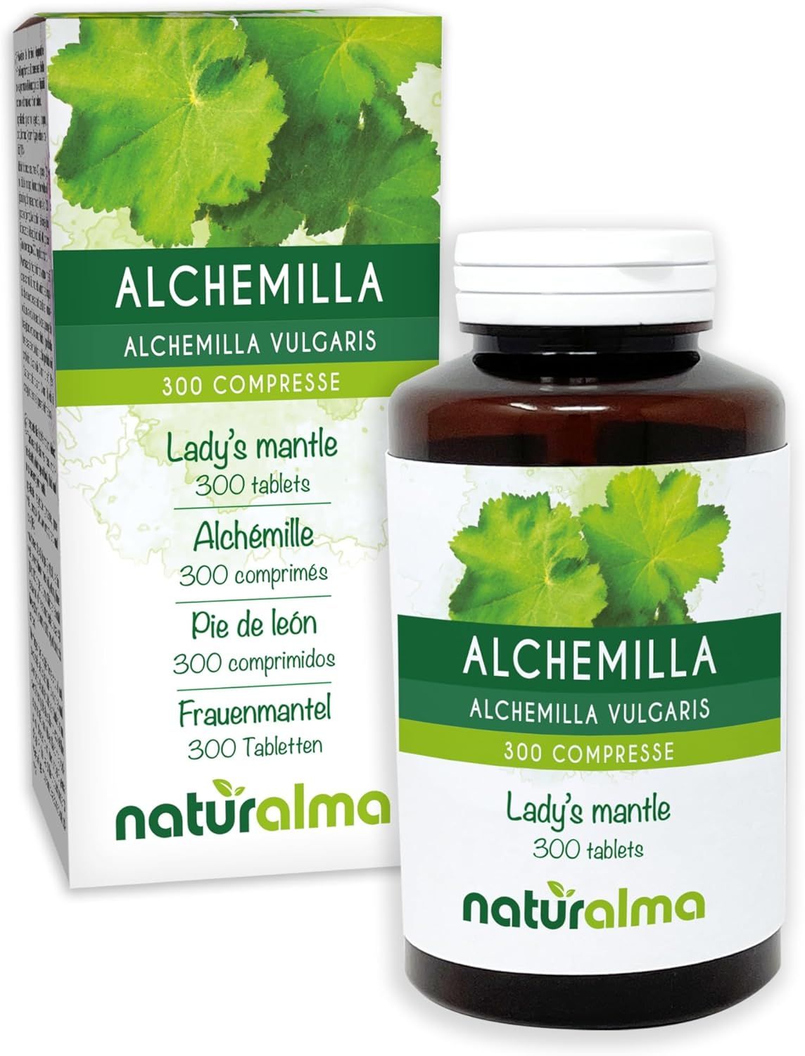 Braune Tablettenflasche und Schachtel mit Alchemilla vulgaris. 300 Tabletten.