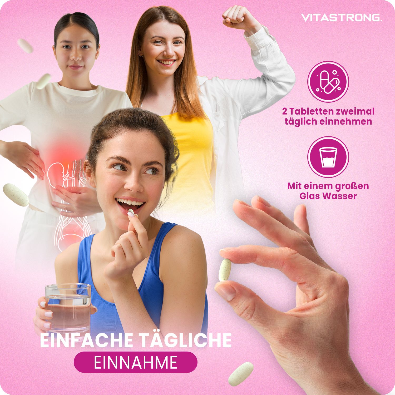 Drei Frauen, eine nimmt eine Tablette mit einem Glas Wasser ein. Ovalförmige Kapseln sind sichtbar.