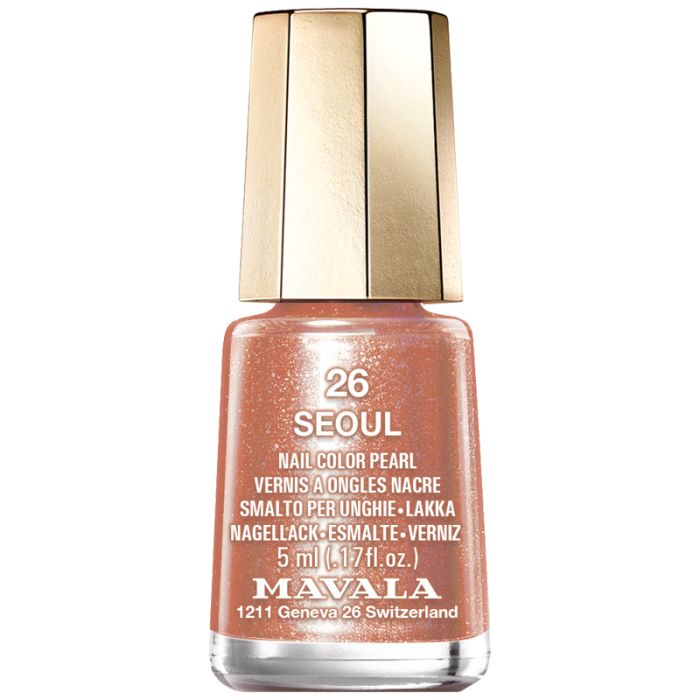 Nagellackflasche, Farbe 26 Seoul. Goldfarbener Deckel, rosafarbener Lack. Aufschrift: Mavala, Nail Color Pearl.
