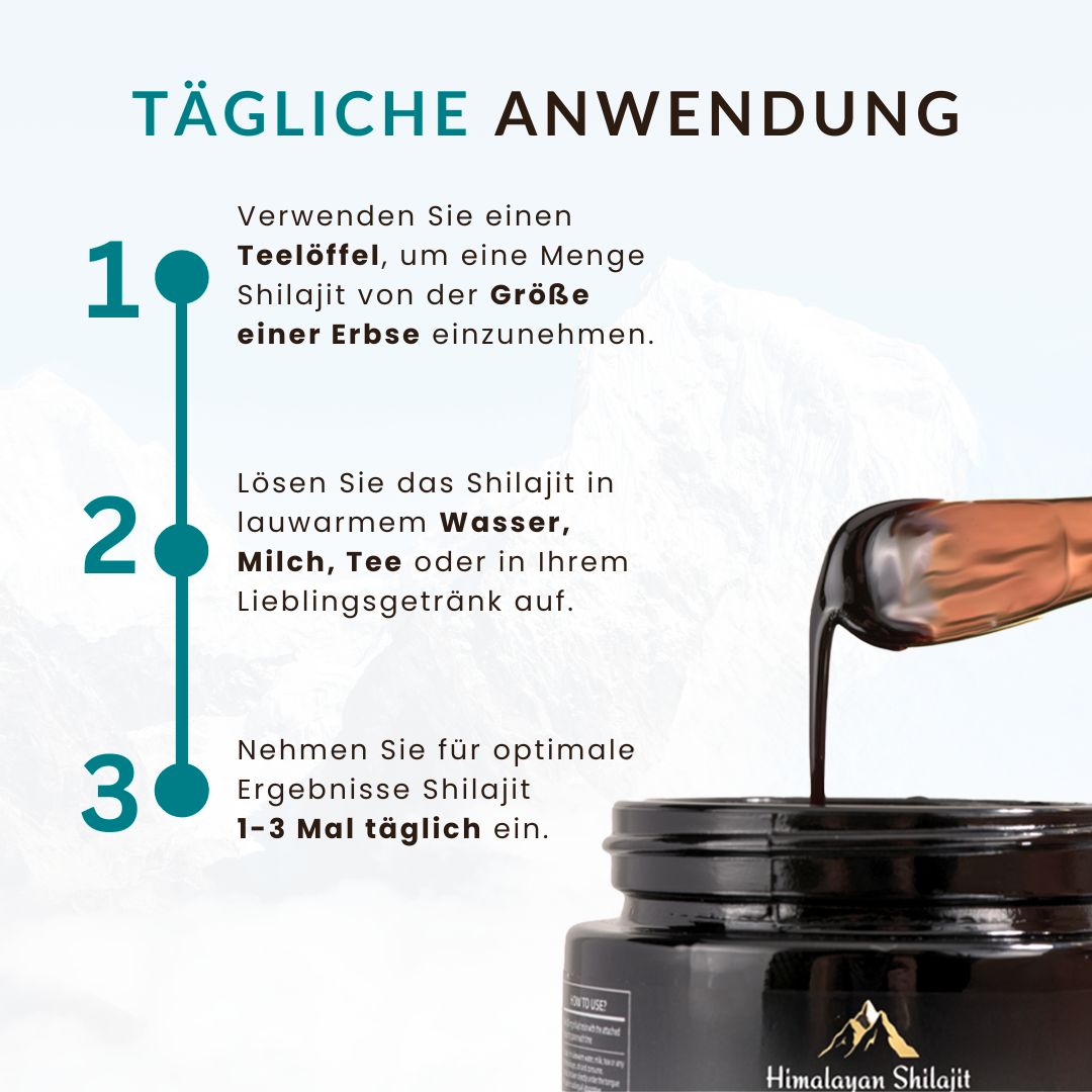 Anleitung zur täglichen Anwendung von Shilajit. Text und nummerierte Schritte.