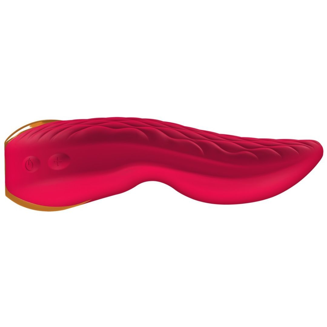 Roter Vibrator mit goldfarbenem Element. Zwei Knöpfe. Geprägte Oberfläche.