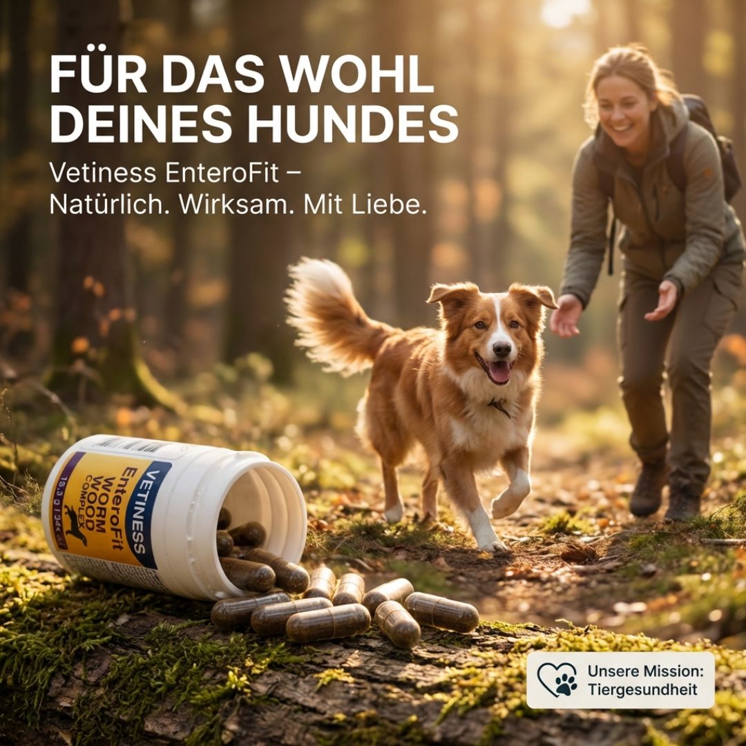 Frau und Hund im Wald. Produkt-Dose und Kapseln liegen auf dem Boden. Text: Für das Wohl deines Hundes. Natürlich. Wirksam. Mit Liebe.