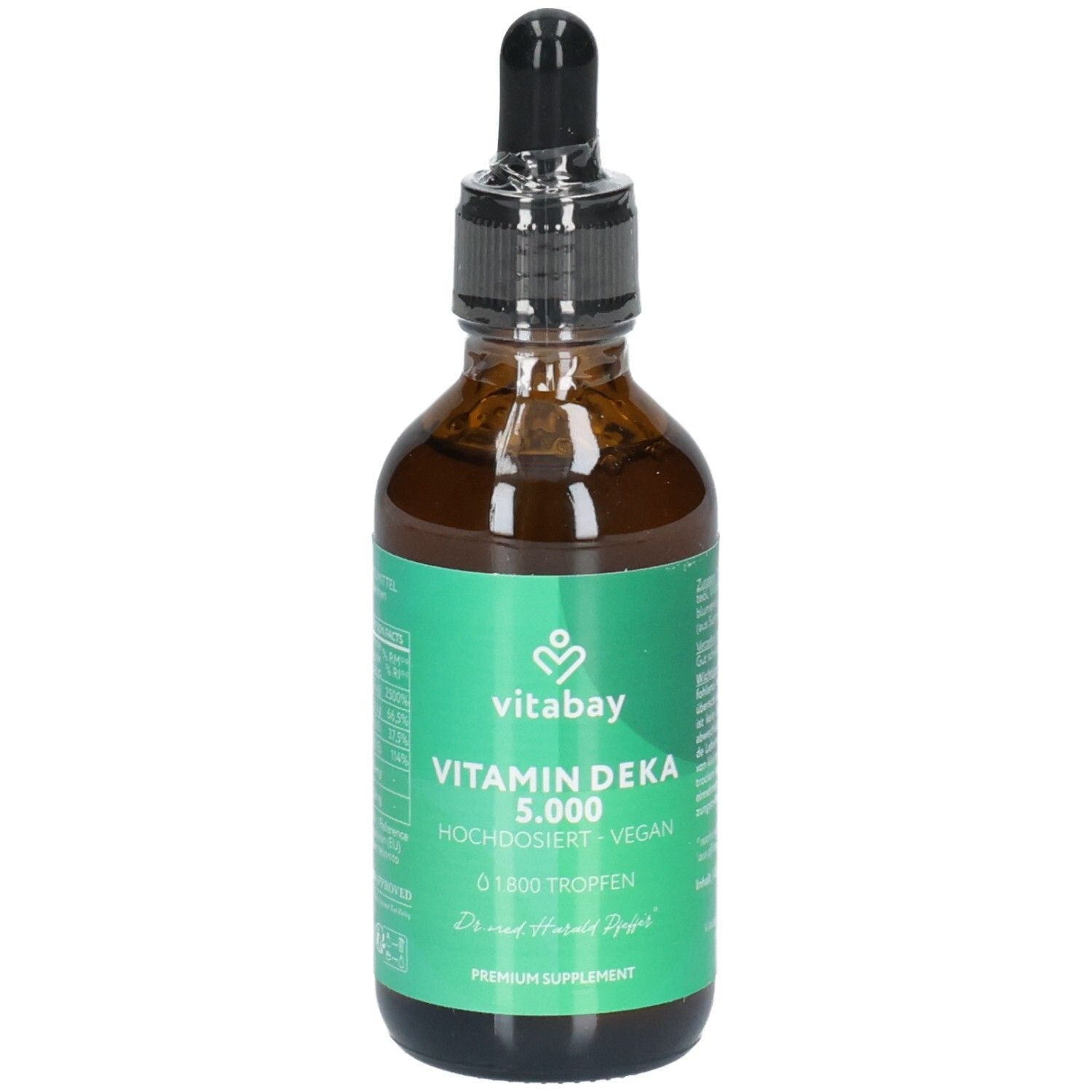 Braune Glasflasche mit Pipettenverschluss, Etikett mit 'vitabay Vitamin Deka 5.000 Hochdosiert Vegan 0,1800 Tropfen'.