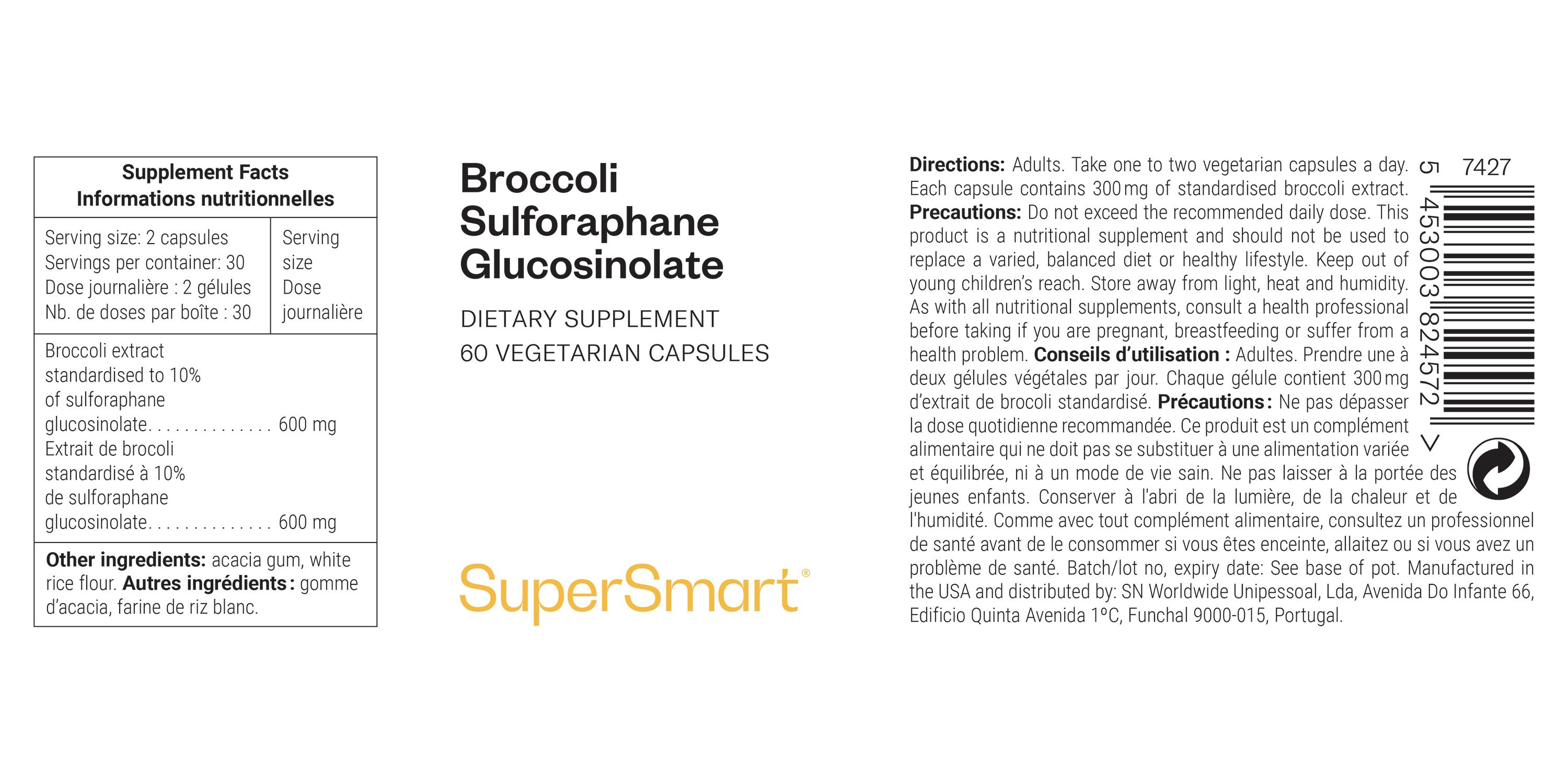 Etikett mit Informationen zu Broccoli Sulforaphan Glucosinolat. Enthält Nährwertangaben, Inhaltsstoffe und Gebrauchsanweisung. Marke: SuperSmart.