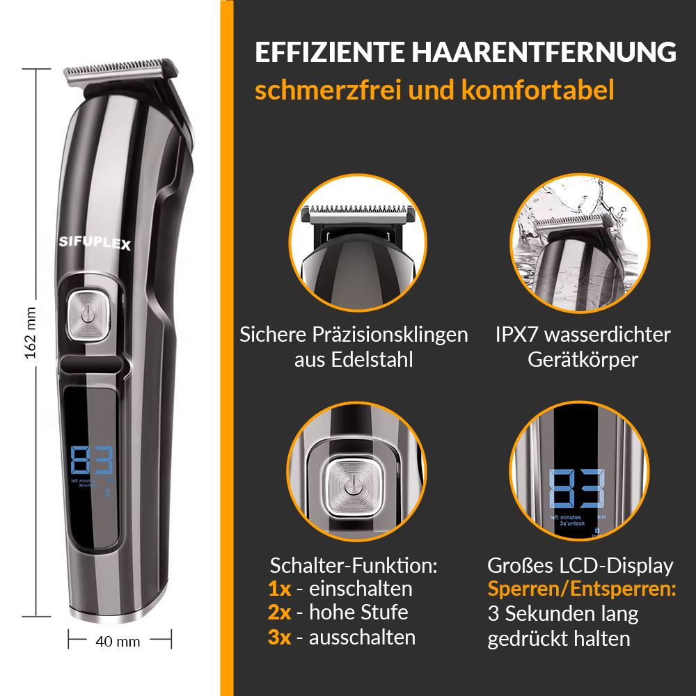 Trimmer mit digitaler Anzeige. Abmessungen: 162 mm hoch, 40 mm breit. Beschriftung: SIFUPLEX.