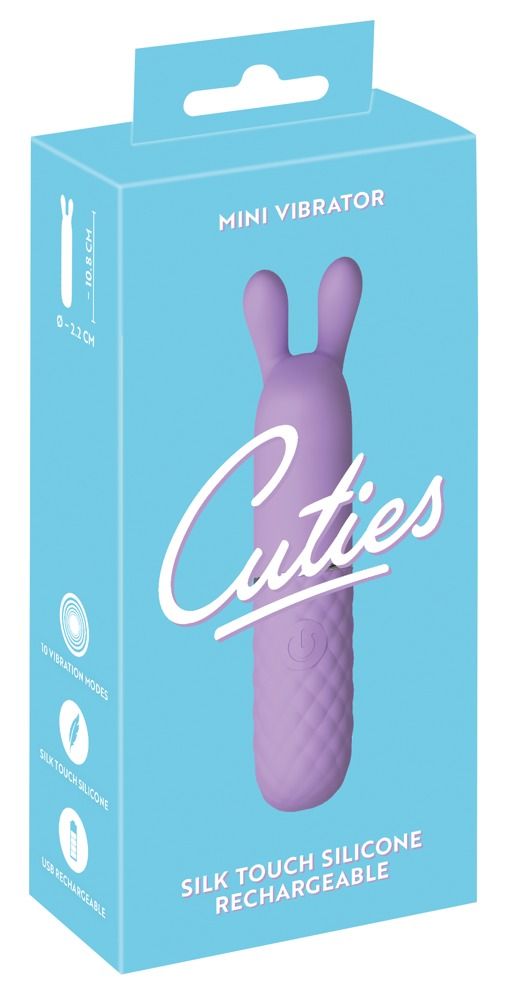Verpackung eines Mini-Vibrators. Lila Produkt mit Hasenohren. Marke Cuties. Text: Silk Touch Silicone, USB Rechargeable.