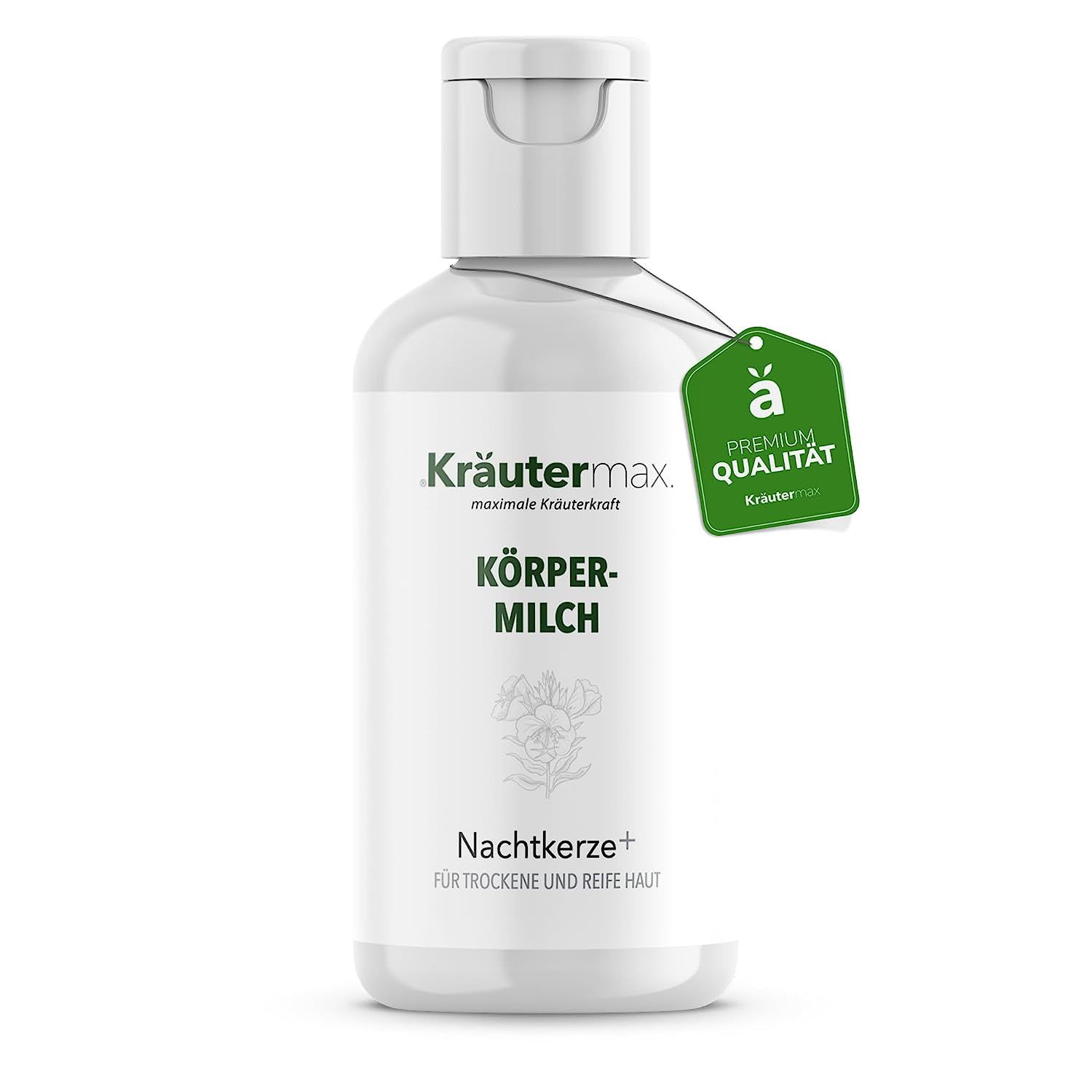 Weiße Flasche mit Klappverschluss und grünem Anhänger. Aufschrift: Körpermilch, Nachtkerze+. Premium Qualität.