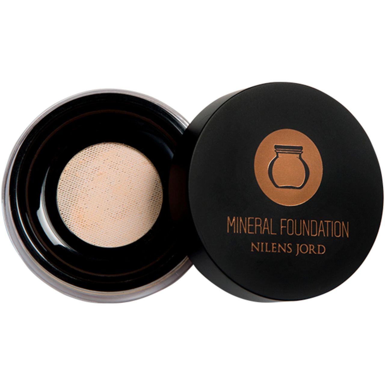 Offene Dose Mineral Foundation. Schwarzer Deckel mit Logo, Schriftzug und Marke. Innen ein Sieb und loses Puder.
