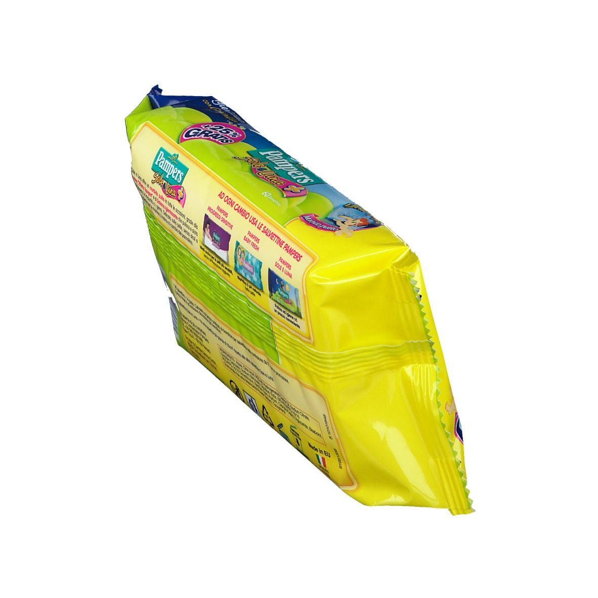 Confezione Pampers Sole e Luna, vista obliqua. Confezione giallo-verde. Testo: 'Ad ogni cambio usa le salviettine Pampers'.