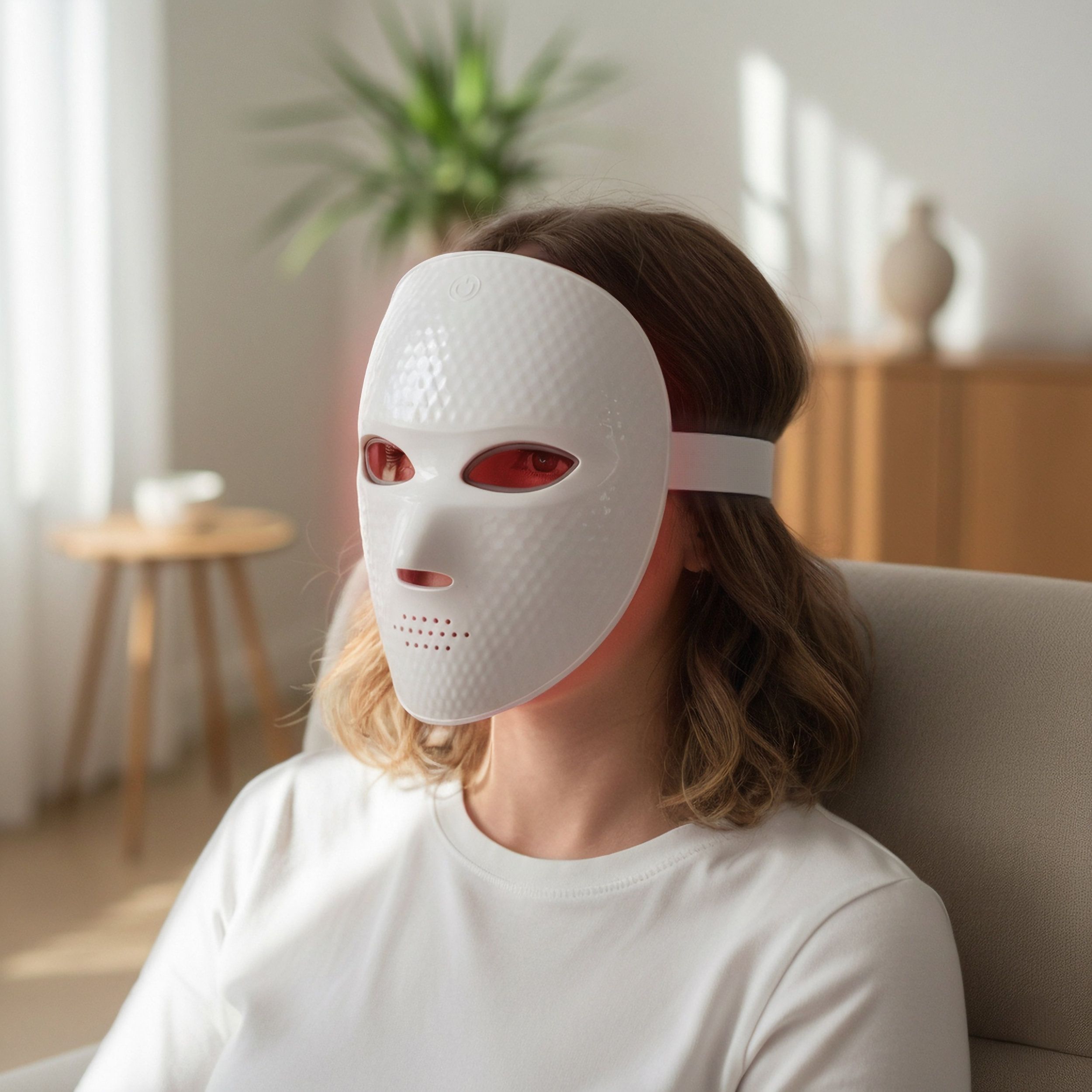 Frau trägt weiße LED-Gesichtsmaske. Maske mit Löchern und roten Lichtern. Frau sitzt.
