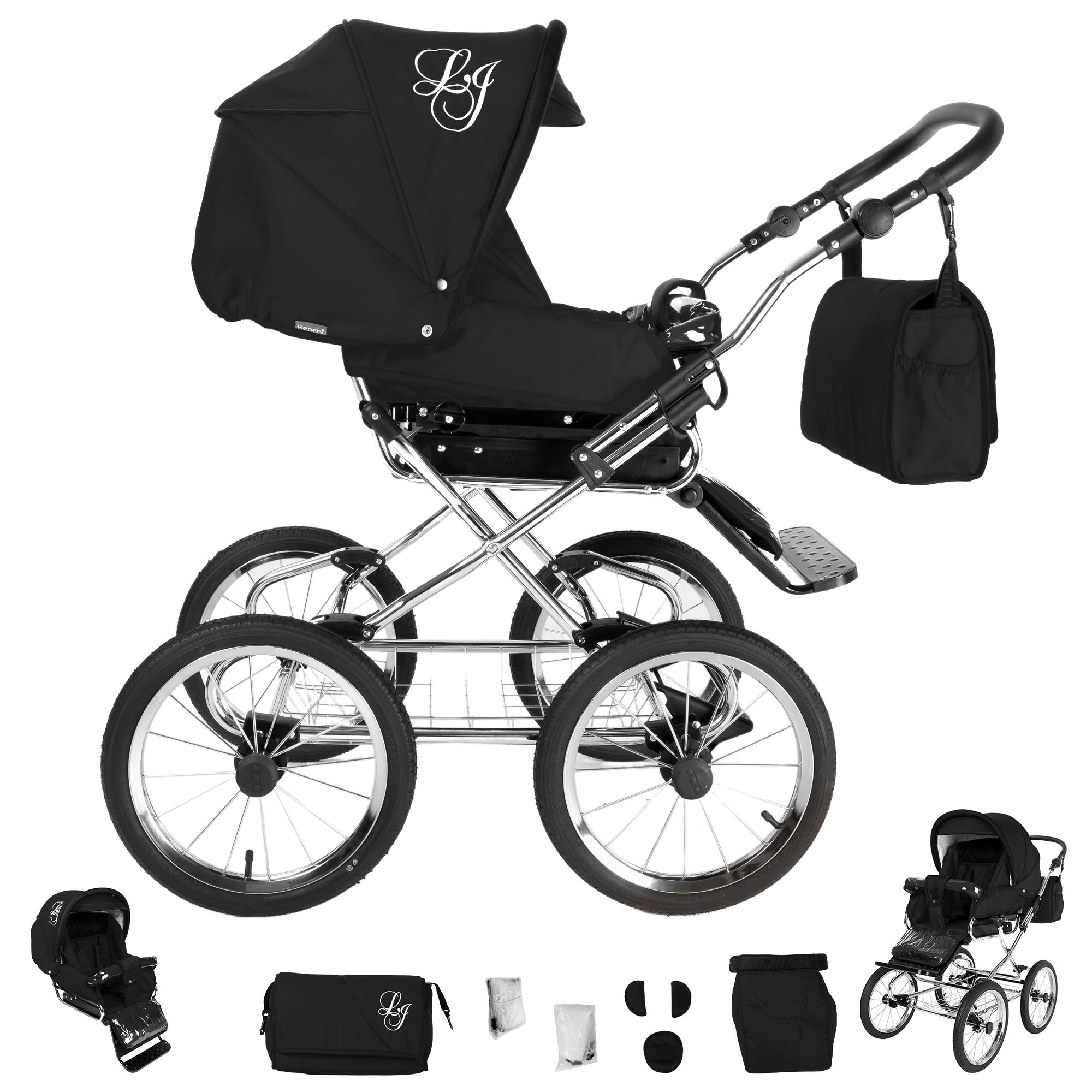Bebebi Loving 3 in 1 Nostalgie Kinderwagen Set mit Original Maxi Cosi, Black Ardent Peak