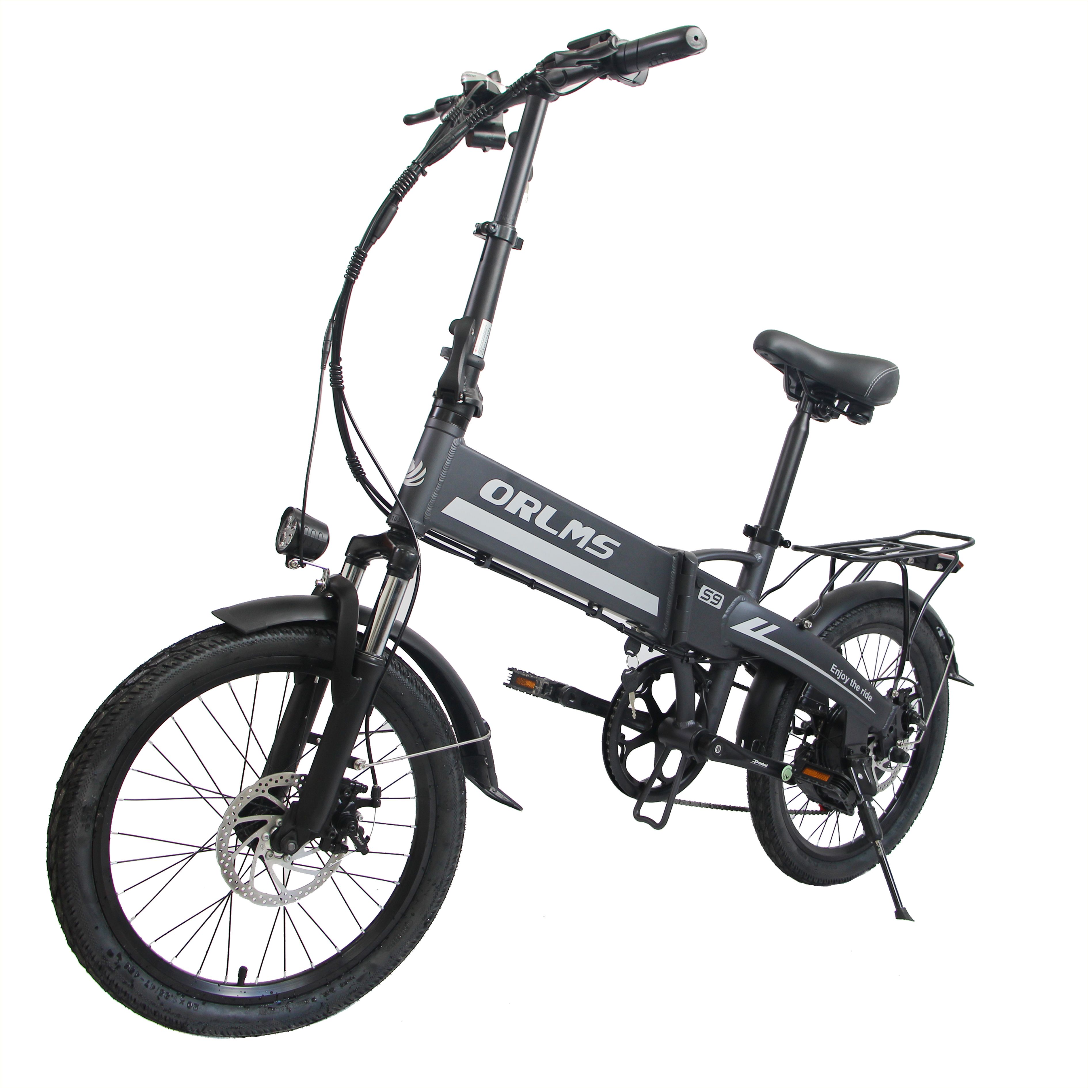 Graues, faltbares E-Bike. ORLMS-Logo. Schwarze Reifen, Sattel und Gepäckträger. Frontscheinwerfer. Scheibenbremse.