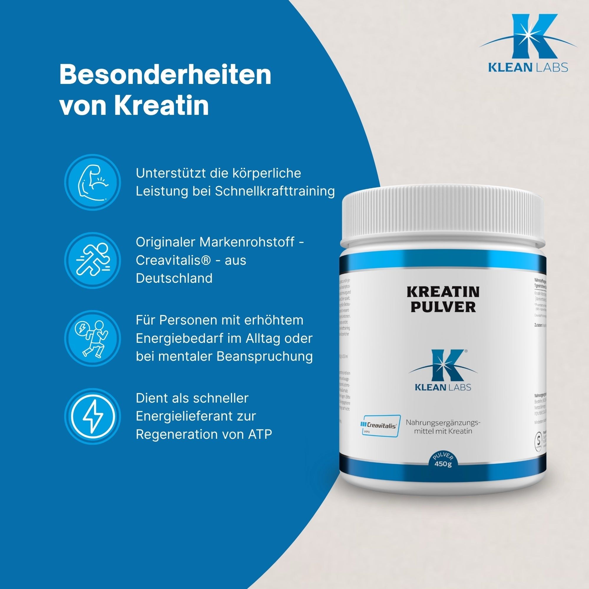 Infografik mit "Besonderheiten von Kreatin" und Icons, daneben eine Dose Klean Labs Kreatin Pulver.