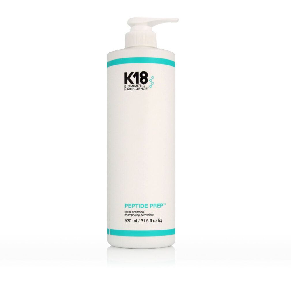 Weißer Behälter mit K18-Logo und türkisfarbenen Akzenten. Pumpverschluss. Text: PEPTIDE PREP, 930 ml.