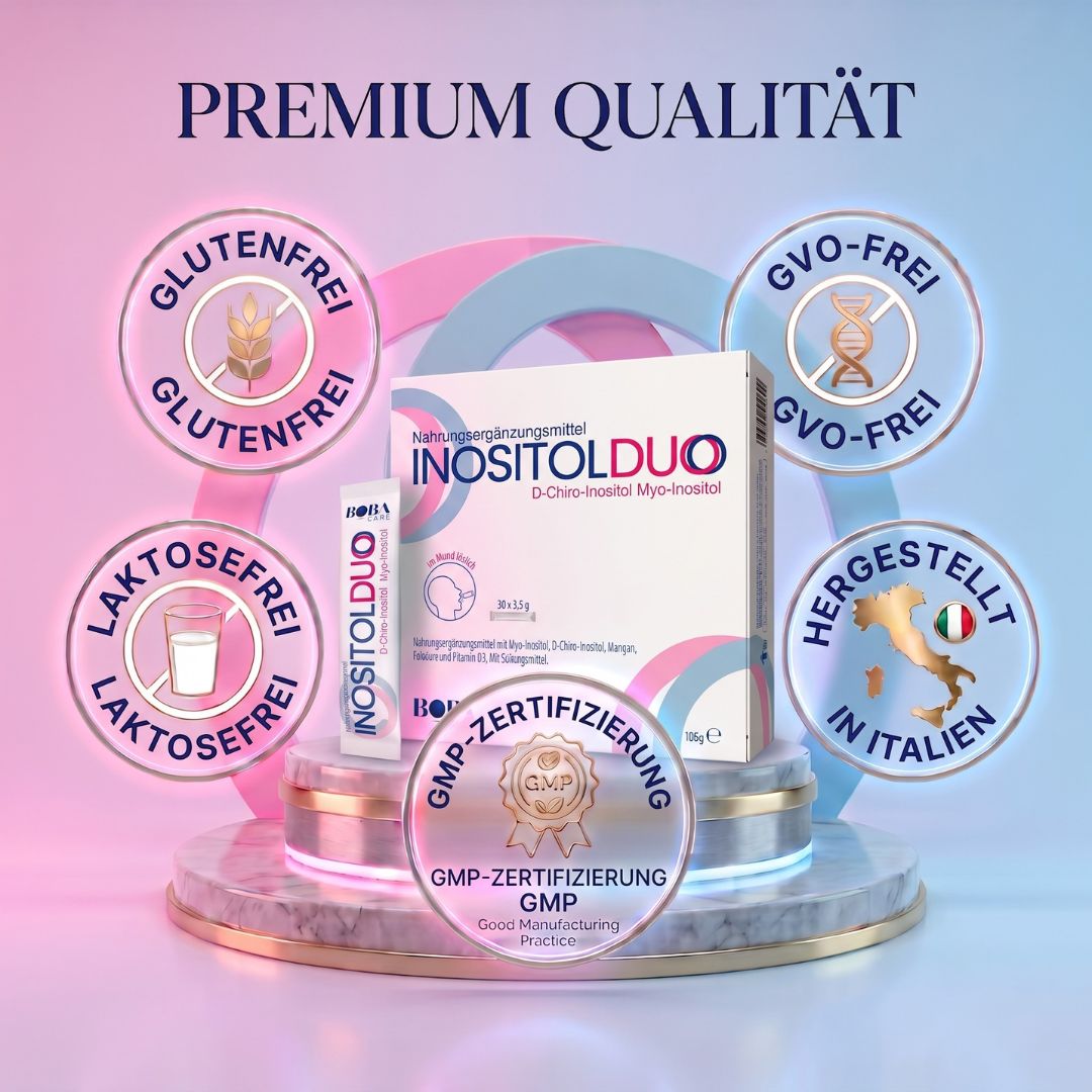 INOSITOLDUO Nahrungsergänzungsmittel mit D-Chiro-Inositol und Myo-Inositol, glutenfrei, laktosefrei, GVO-frei, hergestellt in Italien.