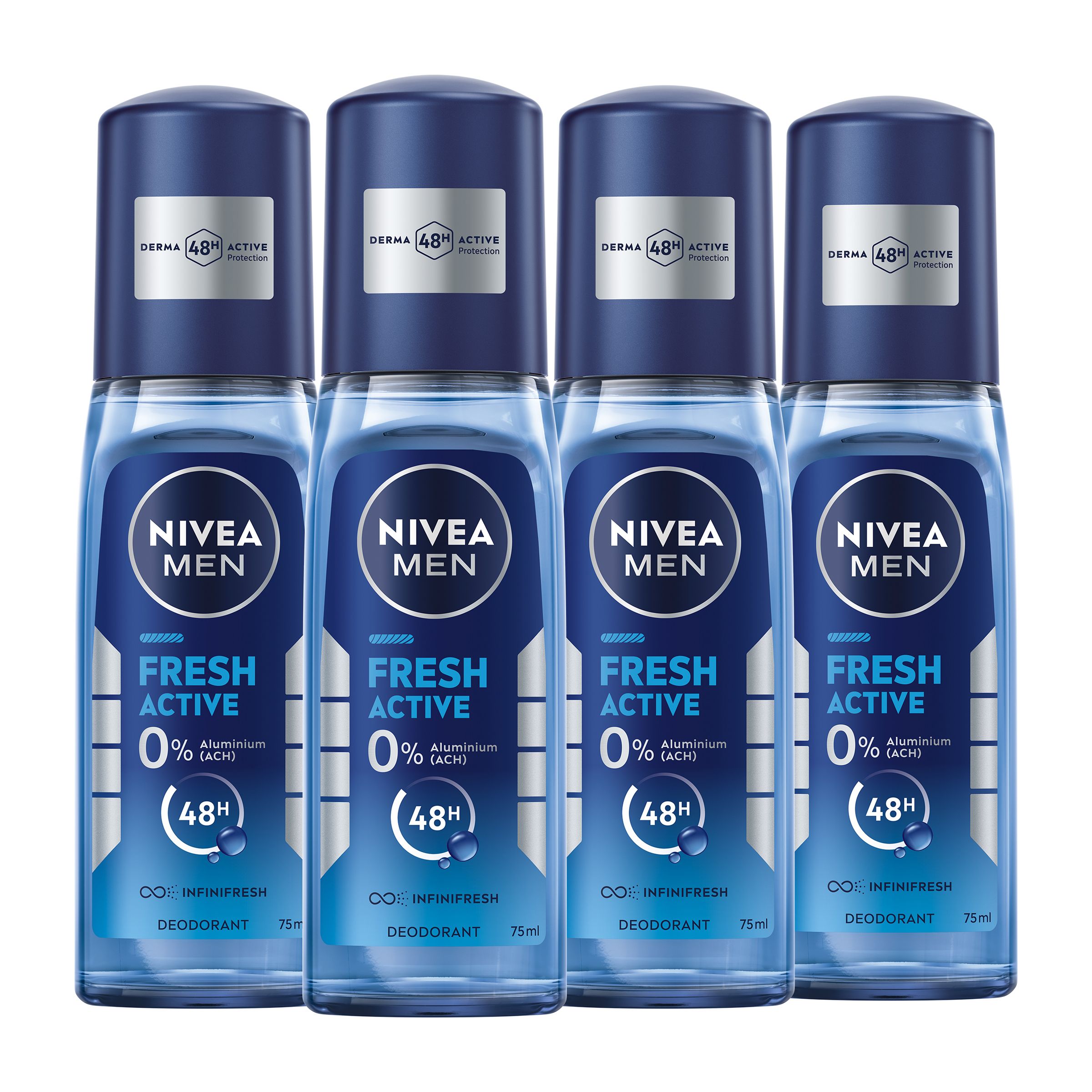 Vier Deodorant-Zerstäuber. Blaue Flaschen mit blauen Kappen. Aufschrift: NIVEA MEN, FRESH ACTIVE, 0% Aluminium (ACH), 48h Schutz.