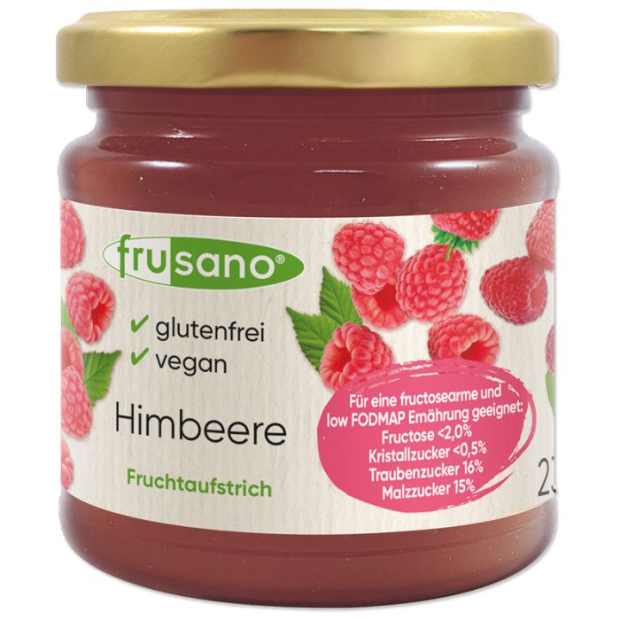 Glas mit Himbeere Fruchtaufstrich. Etikett mit Produktname, Zutaten, vegan und glutenfrei. Goldener Deckel, rote Marmelade.
