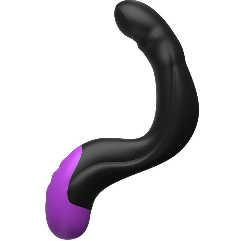 Schwarzer, geschwungener Massager mit violettem Akzent.