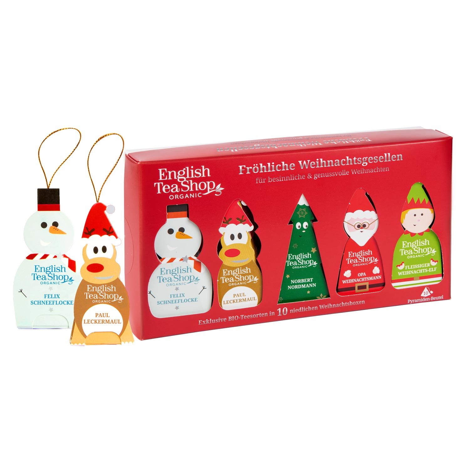 Rote Geschenkbox mit 5 weihnachtlichen Tee-Anhängern: Schneemann, Rentier, Tannenbaum, Weihnachtsmann, Elf.