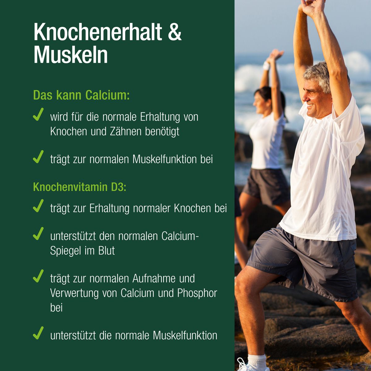 Text über Calcium und Vitamin D3 für Knochen und Muskeln. Zwei Personen machen Sport im Hintergrund.