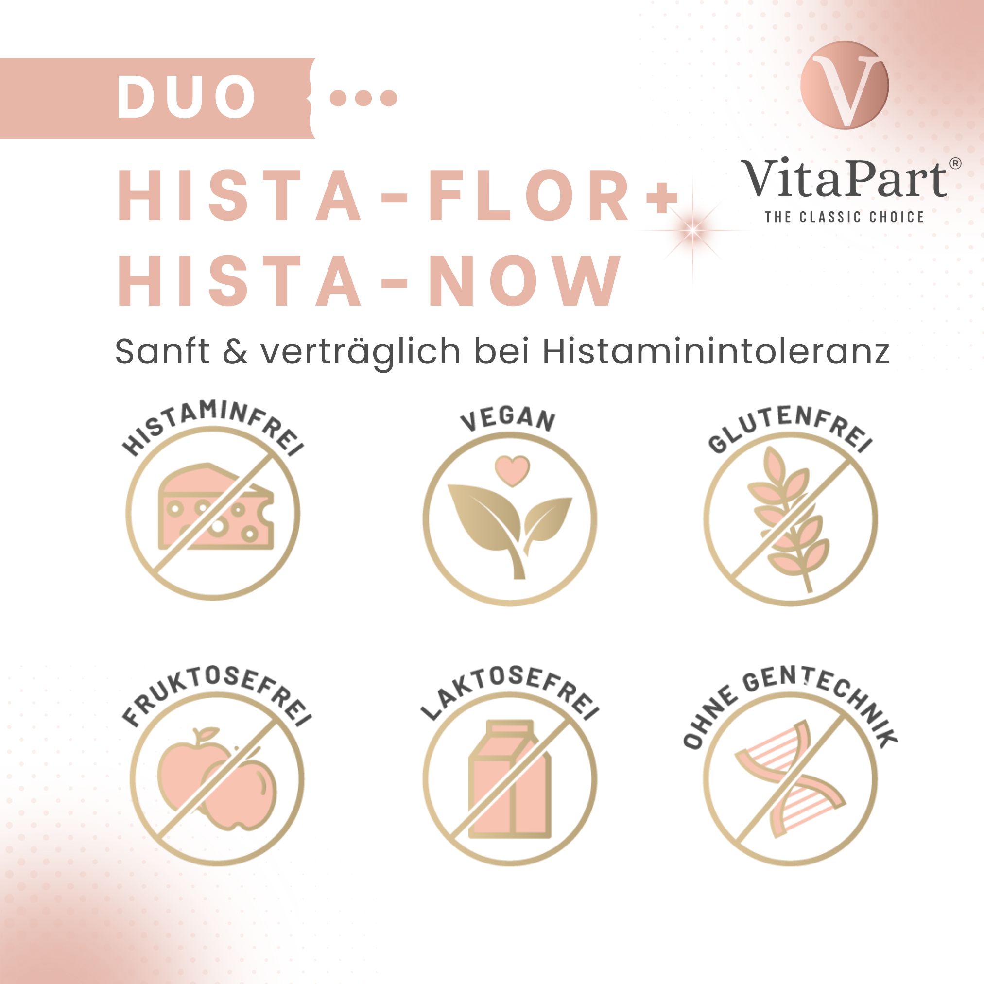 Hista-Flor + Hista-Now von VitaPart. Symbole: histaminfrei, vegan, glutenfrei, fruktosefrei, laktosefrei, ohne Gentechnik.