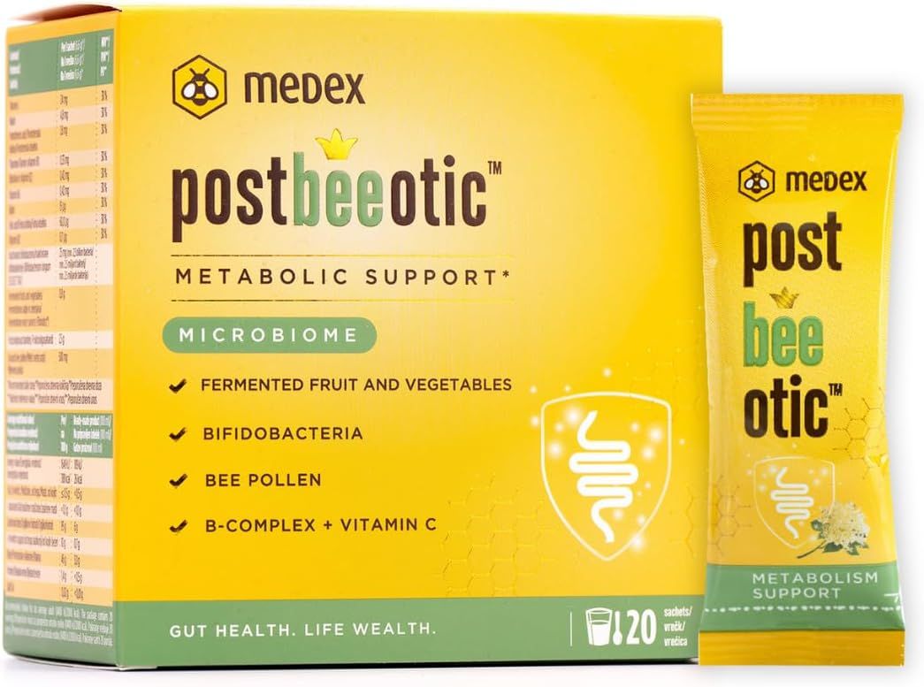 Gelbe Medex Postbeeotic-Box und -Beutel. Aufschrift: Metabolic Support, Microbiome. Enthält: Fermentiertes Obst und Gemüse, Bifidobakterien, Blütenpollen.