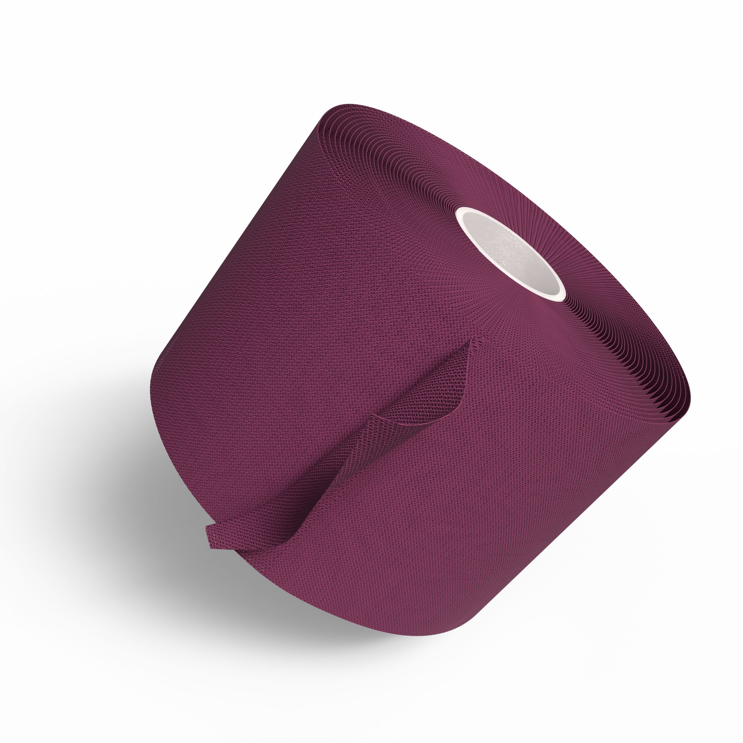 Violette, kohäsive Fixierbinde, gerollt. Aufgerolltes Band mit sichtbarer Textur. Weißer Kern.