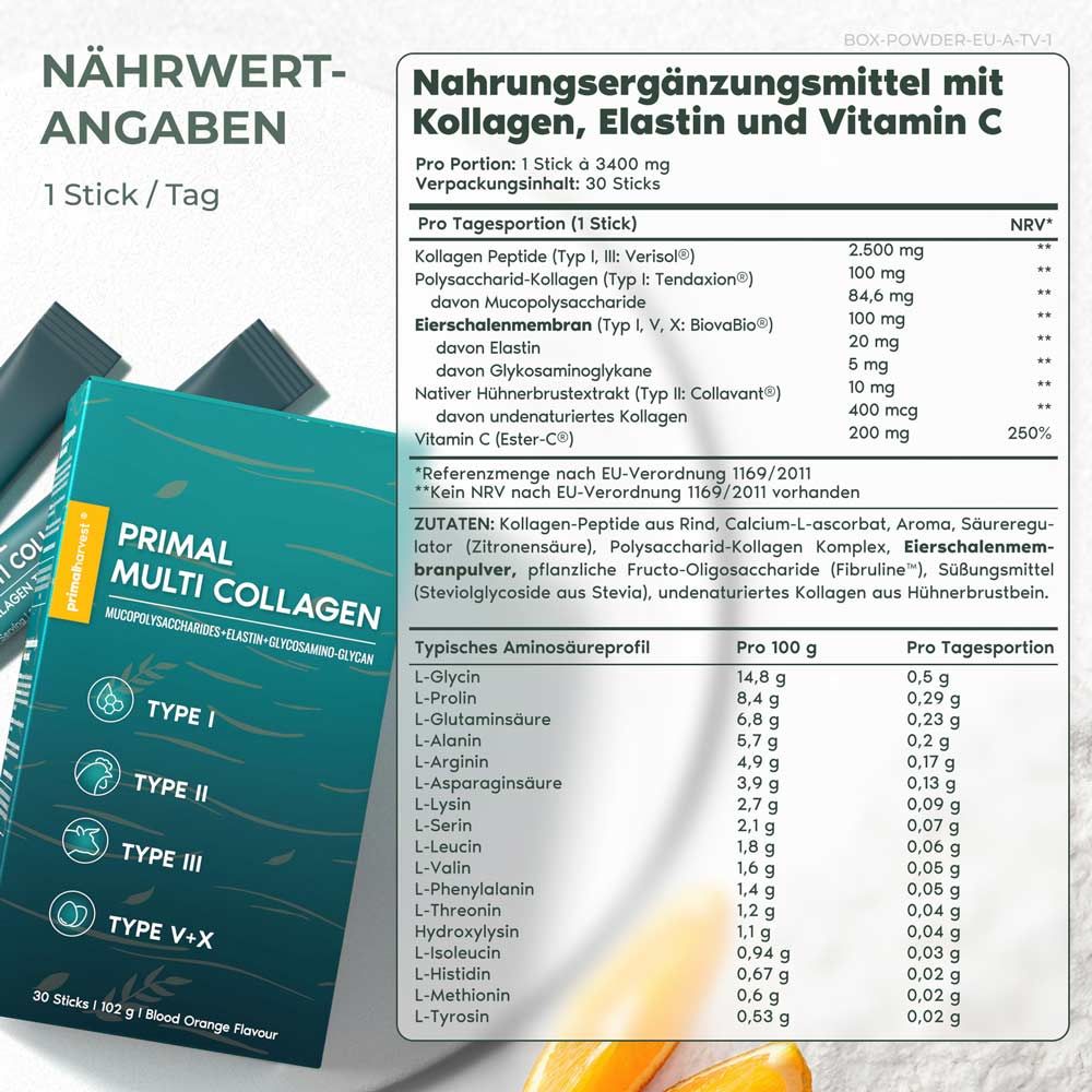 Nährwertangaben auf Deutsch. Enthält Informationen zu Inhaltsstoffen, Aminosäuren und Vitamin C.