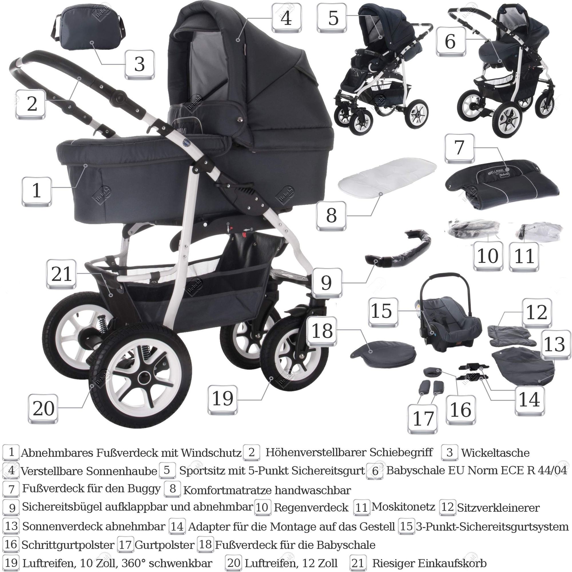 Bebebi Bellami 3 in 1 Kinderwagen Set Luftreifen, Bellagrey