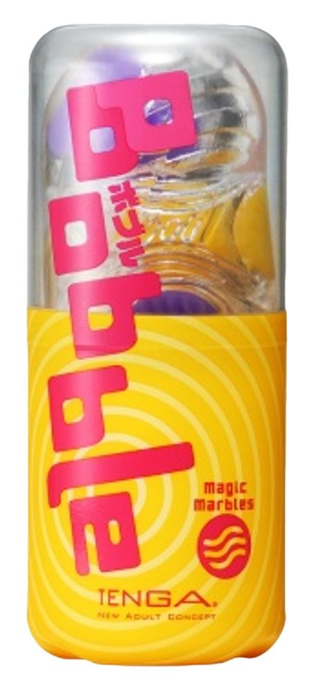 Verpackung mit gelbem Hintergrund. Aufschrift 'Bobble Magic Marbles' und 'TENGA'.