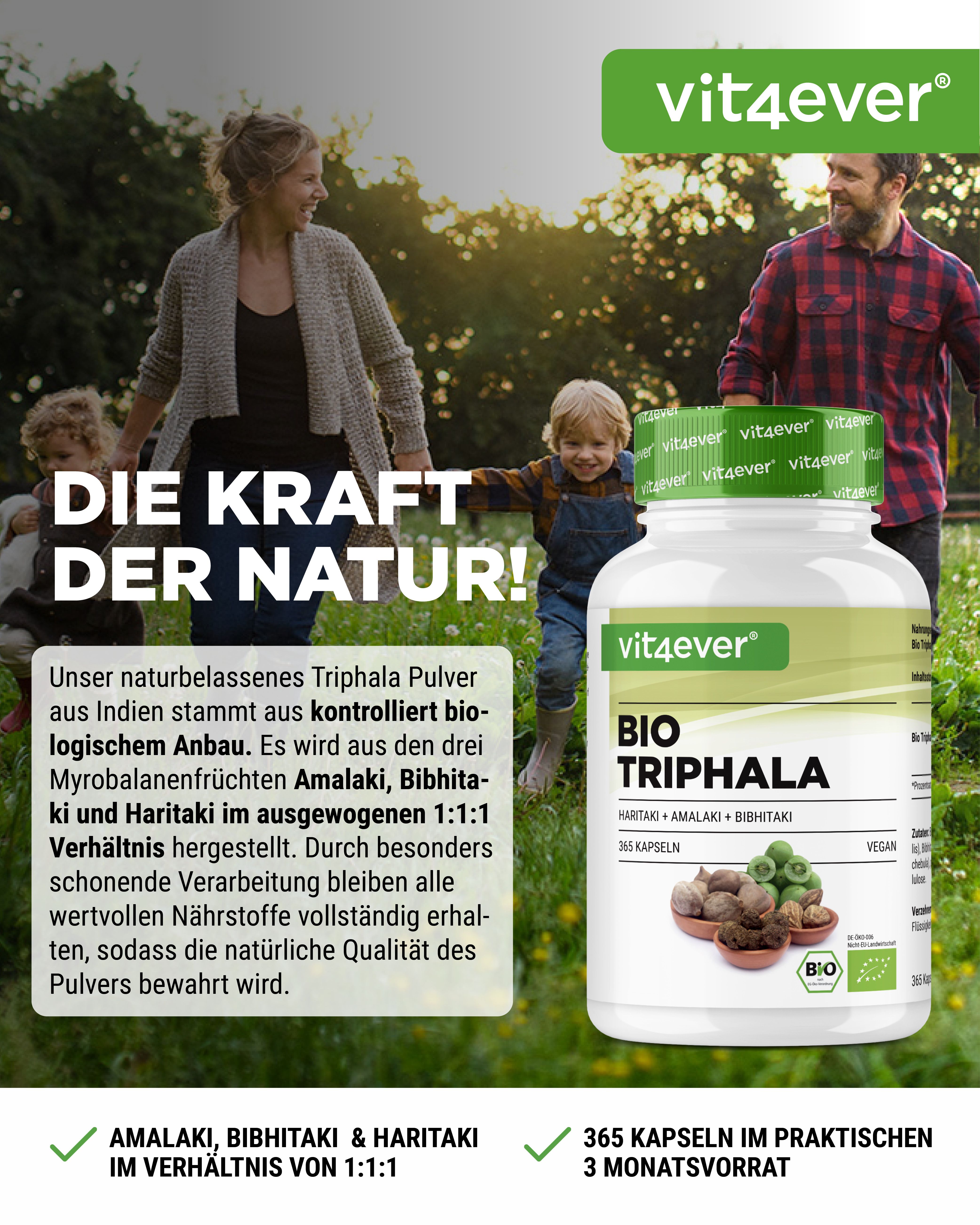 Weißes Pillenbehälter mit grünem Deckel. Aufschrift: vit4ever BIO TRIPHALA. Familie im Hintergrund.