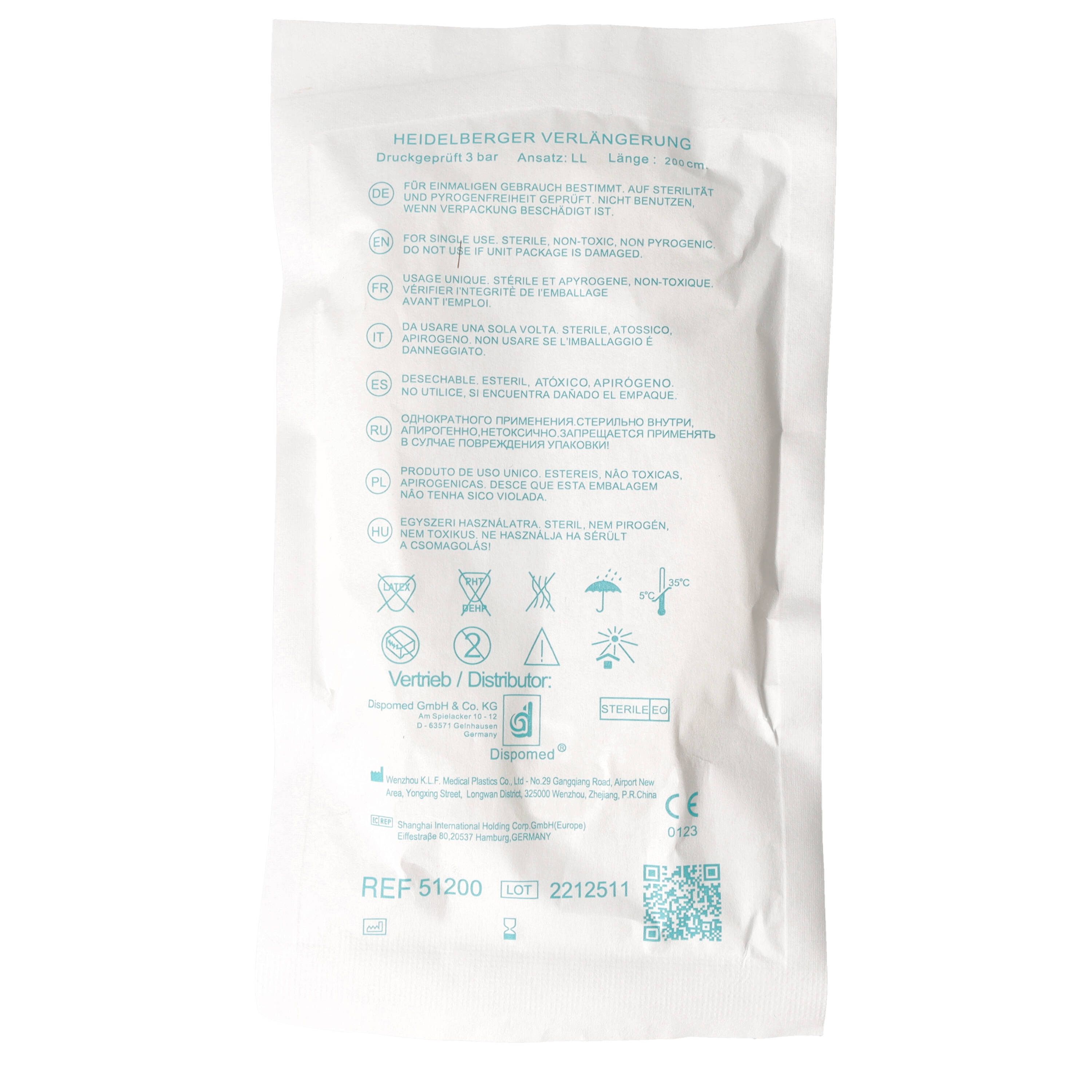 Verpackung mit Produktinformationen. Text in mehreren Sprachen. Marke Dispomed, Steril-Kennzeichnung.