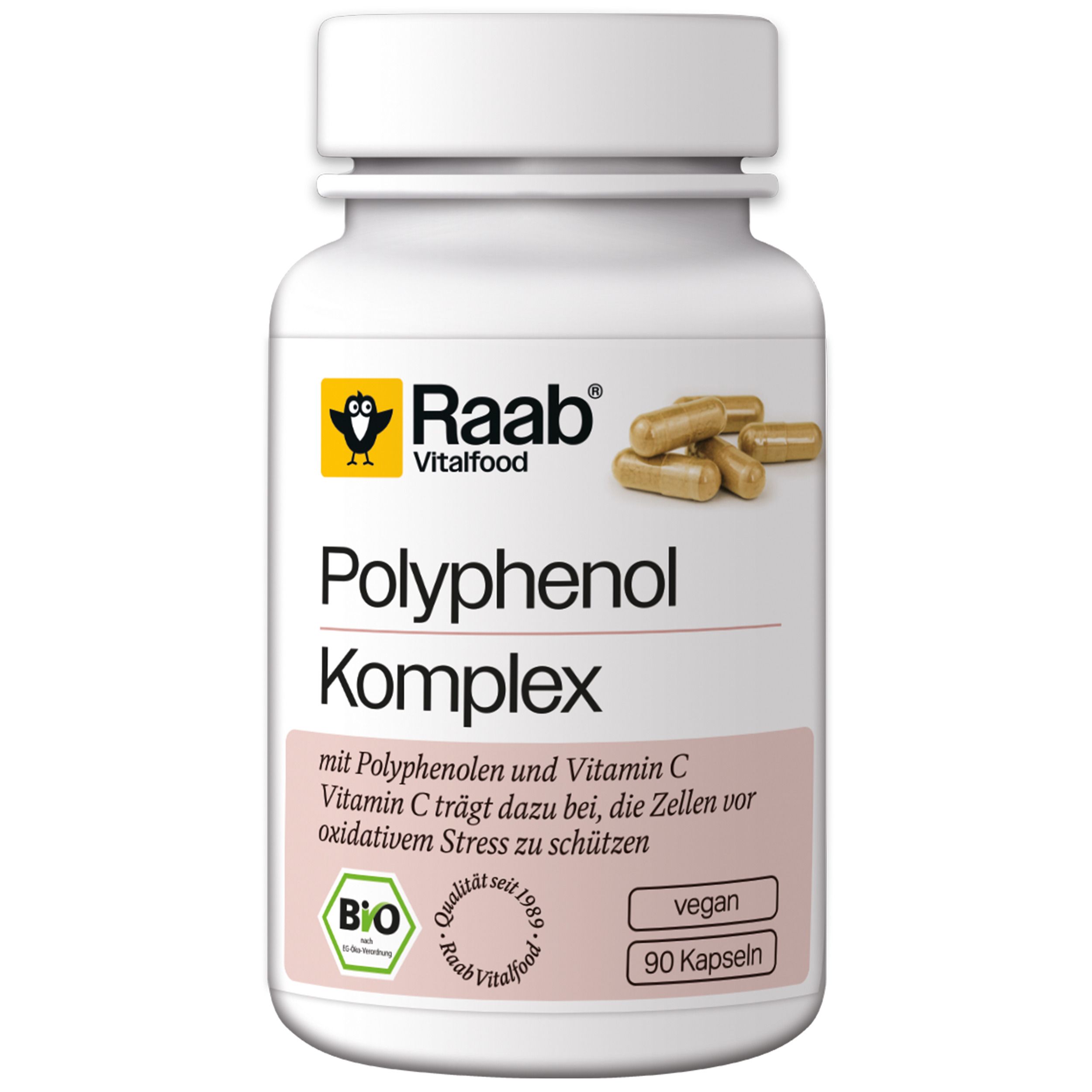 Weiße Flasche mit Kapseln. Aufschrift: Polyphenol Komplex, Raab Vitalfood, BIO, vegan, 90 Kapseln.