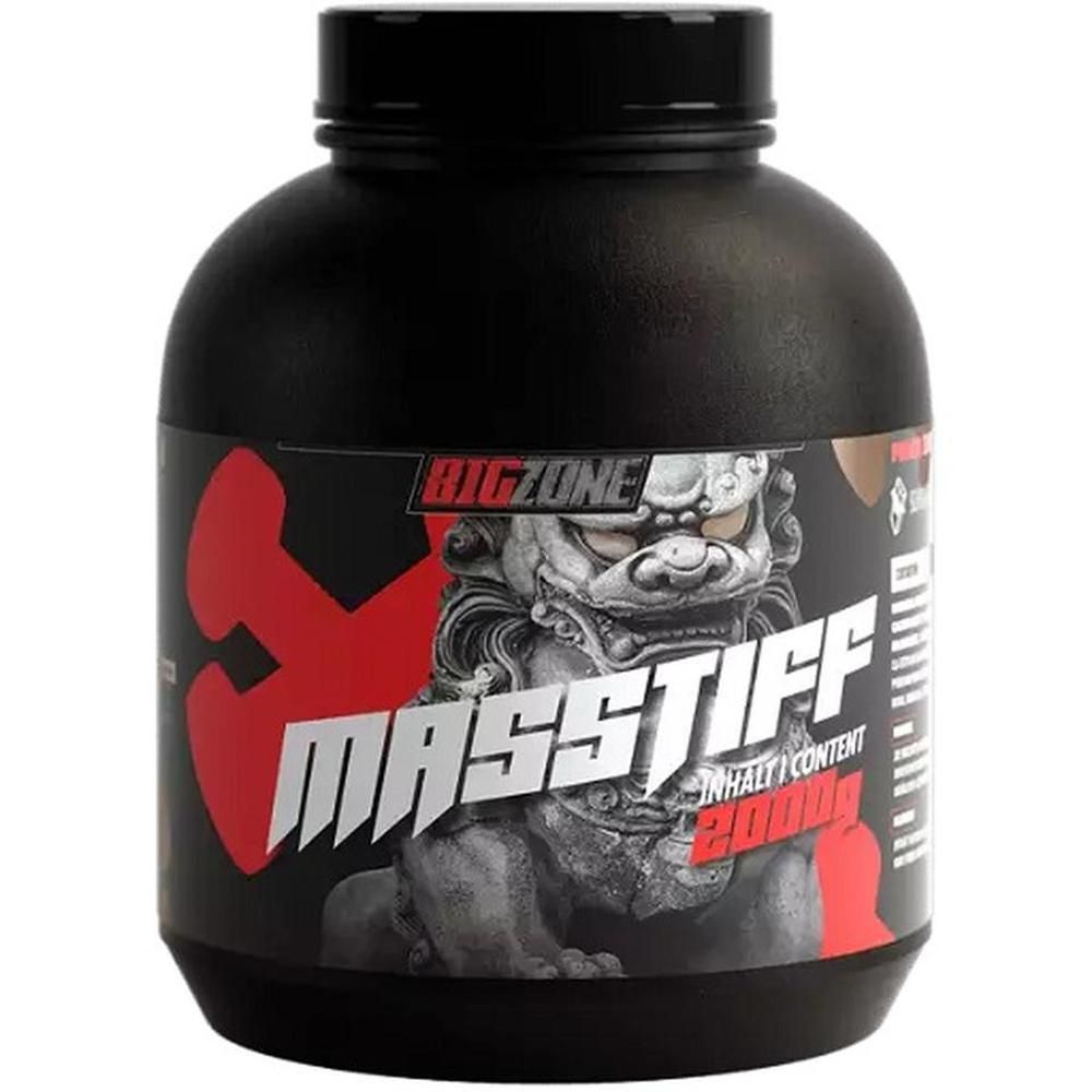 Schwarze Dose mit rotem und weißem Aufdruck. Aufschrift: MASSTIFF, BIGZONE, 2000g.