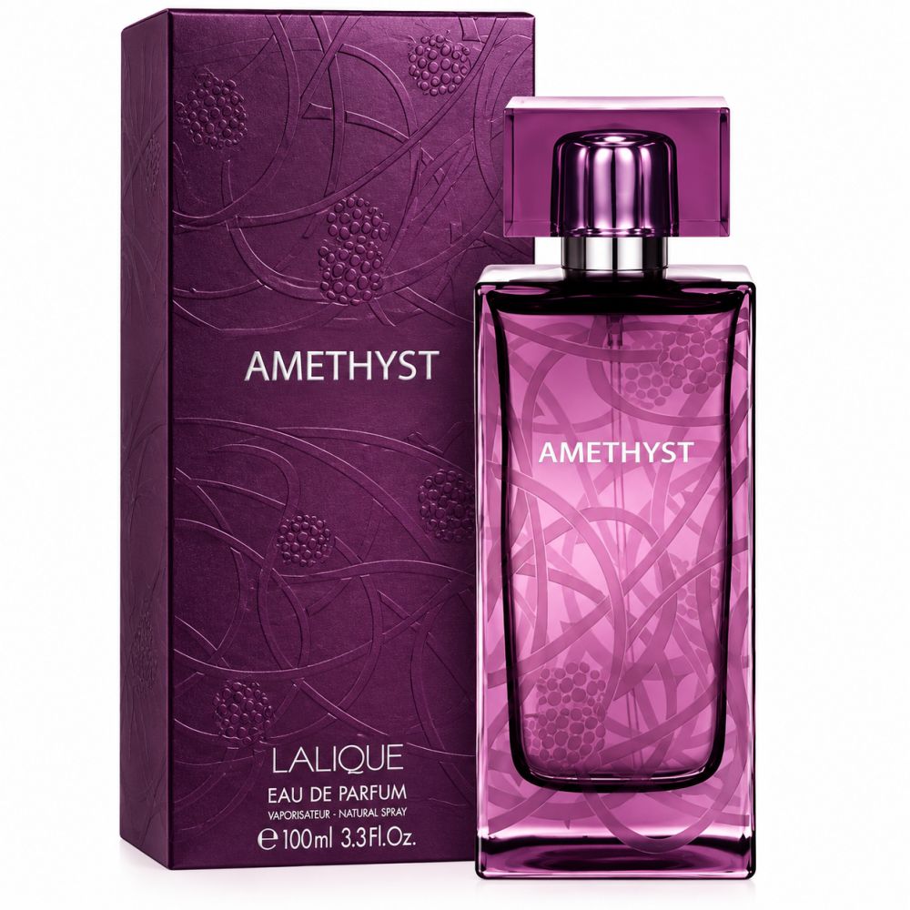 Lalique Amethyst Eau de Parfum Flakon und Karton mit floralem Muster.