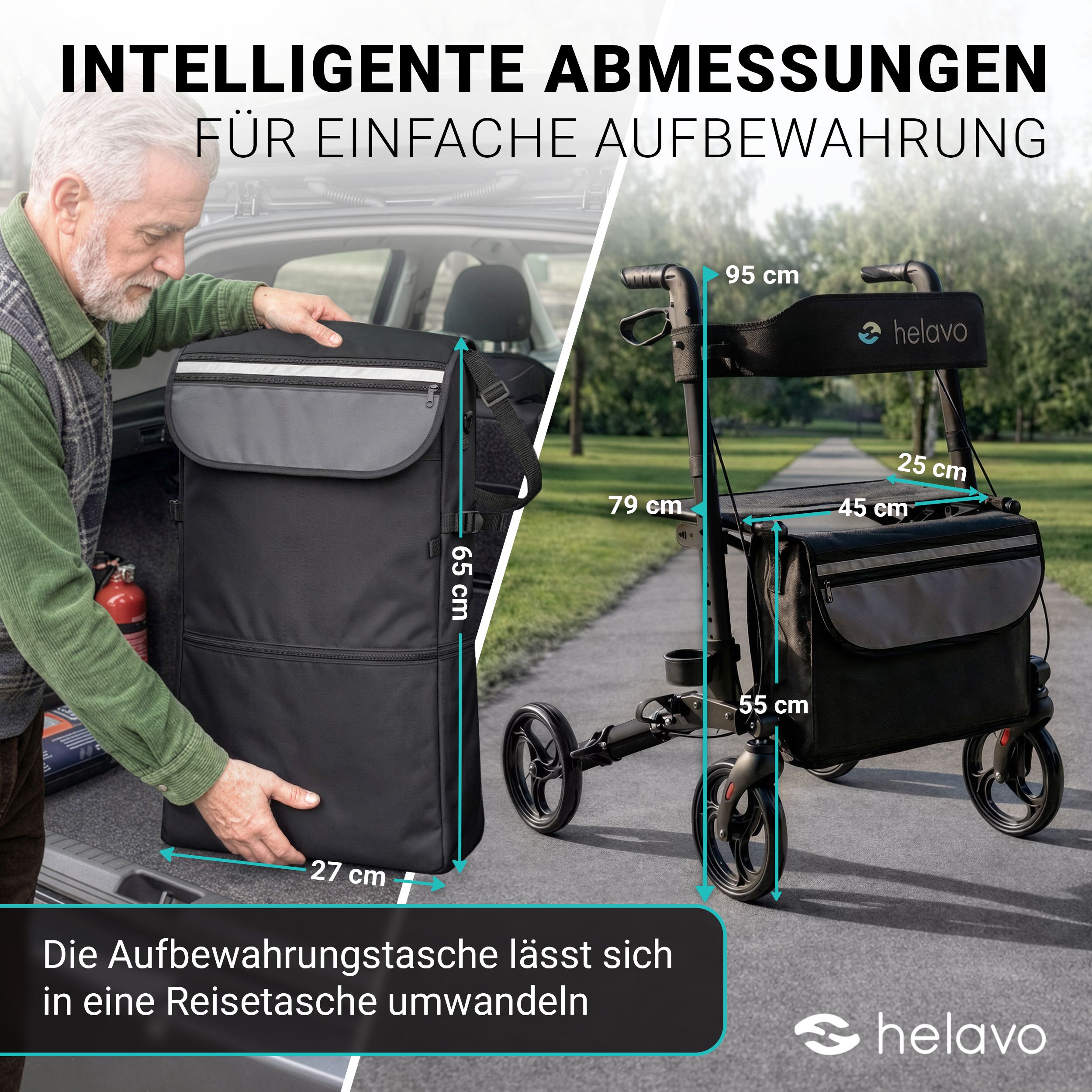 Helavo Aluminium Rollator faltbar mit Sitzfläche und Reisetasche leicht 8,3kg