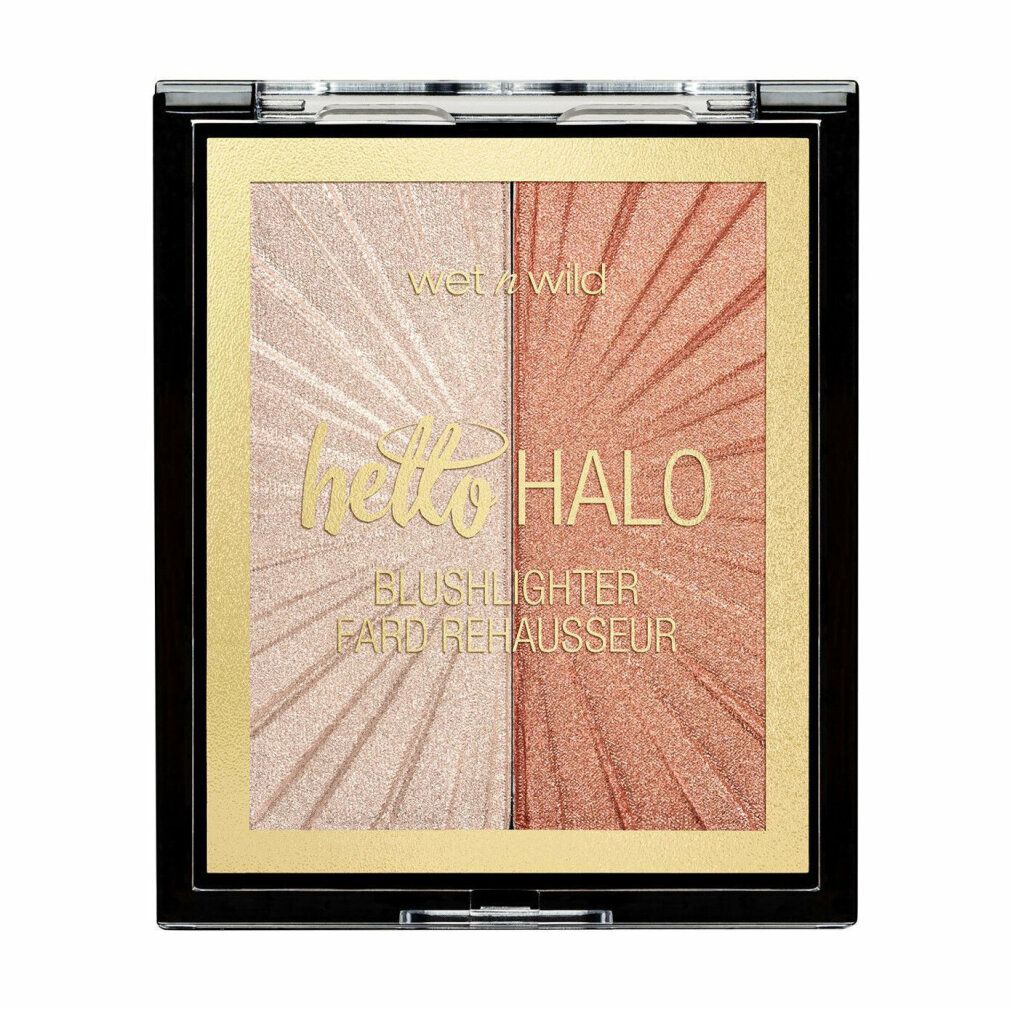 Blushlighter-Palette mit zwei Farbtönen. Aufschrift "hello HALO" und "BLUSHLIGHTER FARD REHAUSSEUR". Schwarzer Rahmen, goldfarbener Innenrahmen.