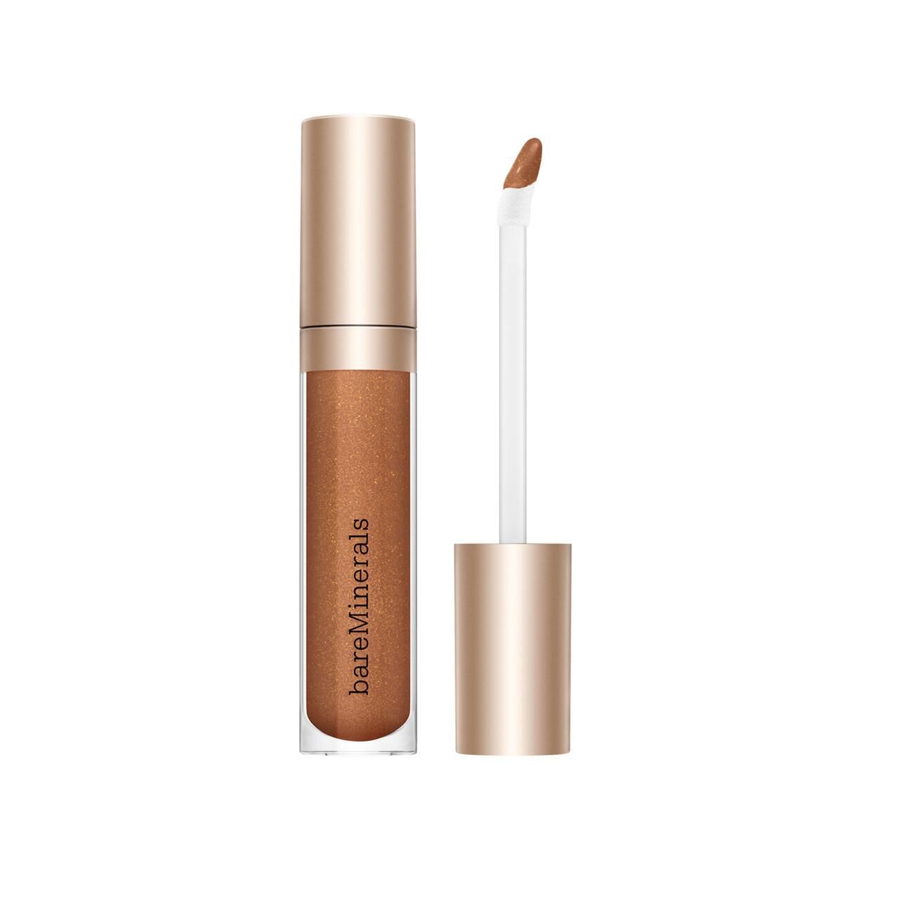 Lipgloss-Fläschchen mit Applikator. Goldfarbener Deckel und Schriftzug bareMinerals. Der Applikator ist herausgezogen.