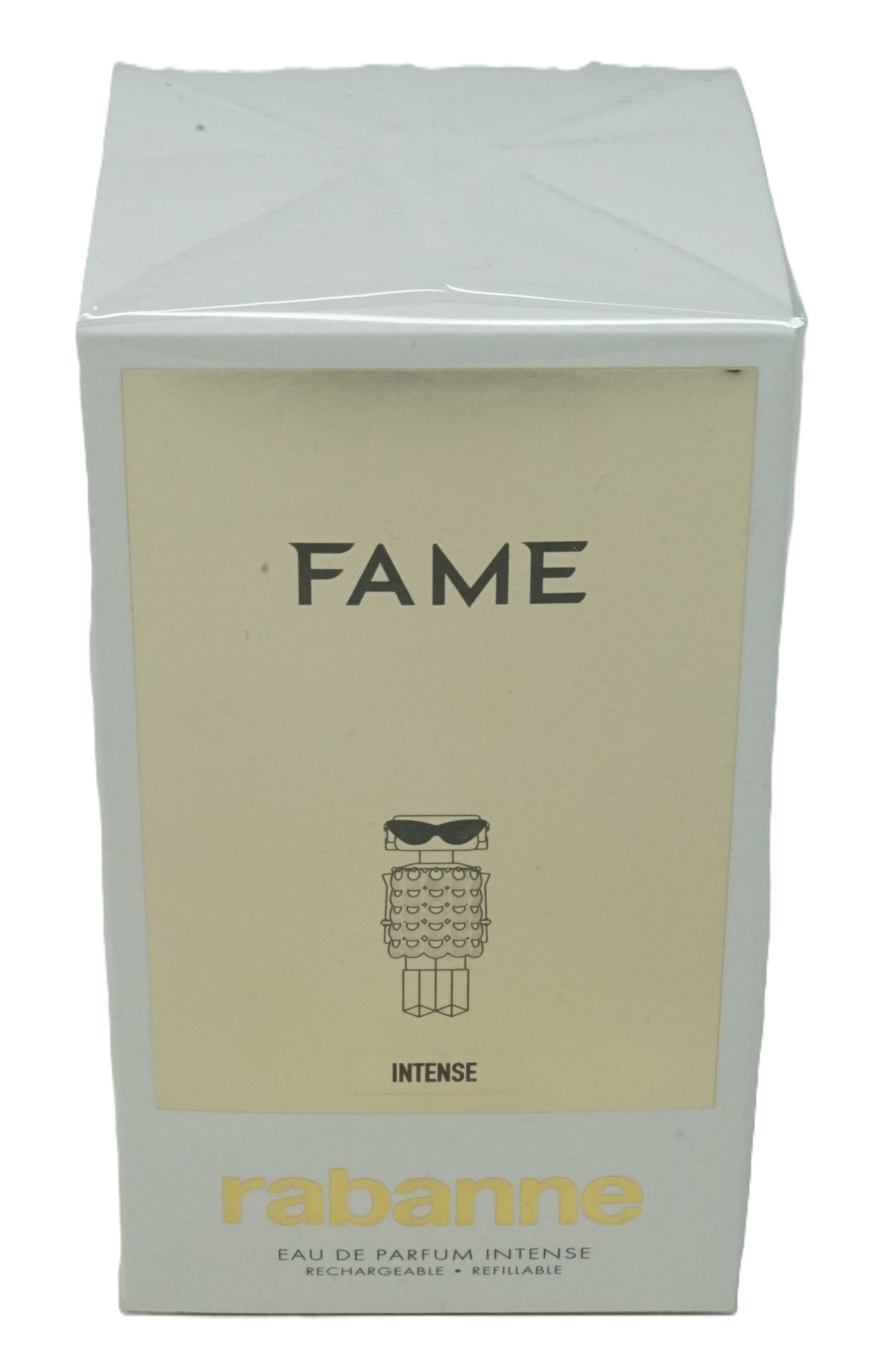 Weiße Verpackung mit Aufdruck. Aufschrift: FAME, INTENSE, rabanne. Illustration einer Figur mit Sonnenbrille. Text: Eau de Parfum Intense, Rechargeable.