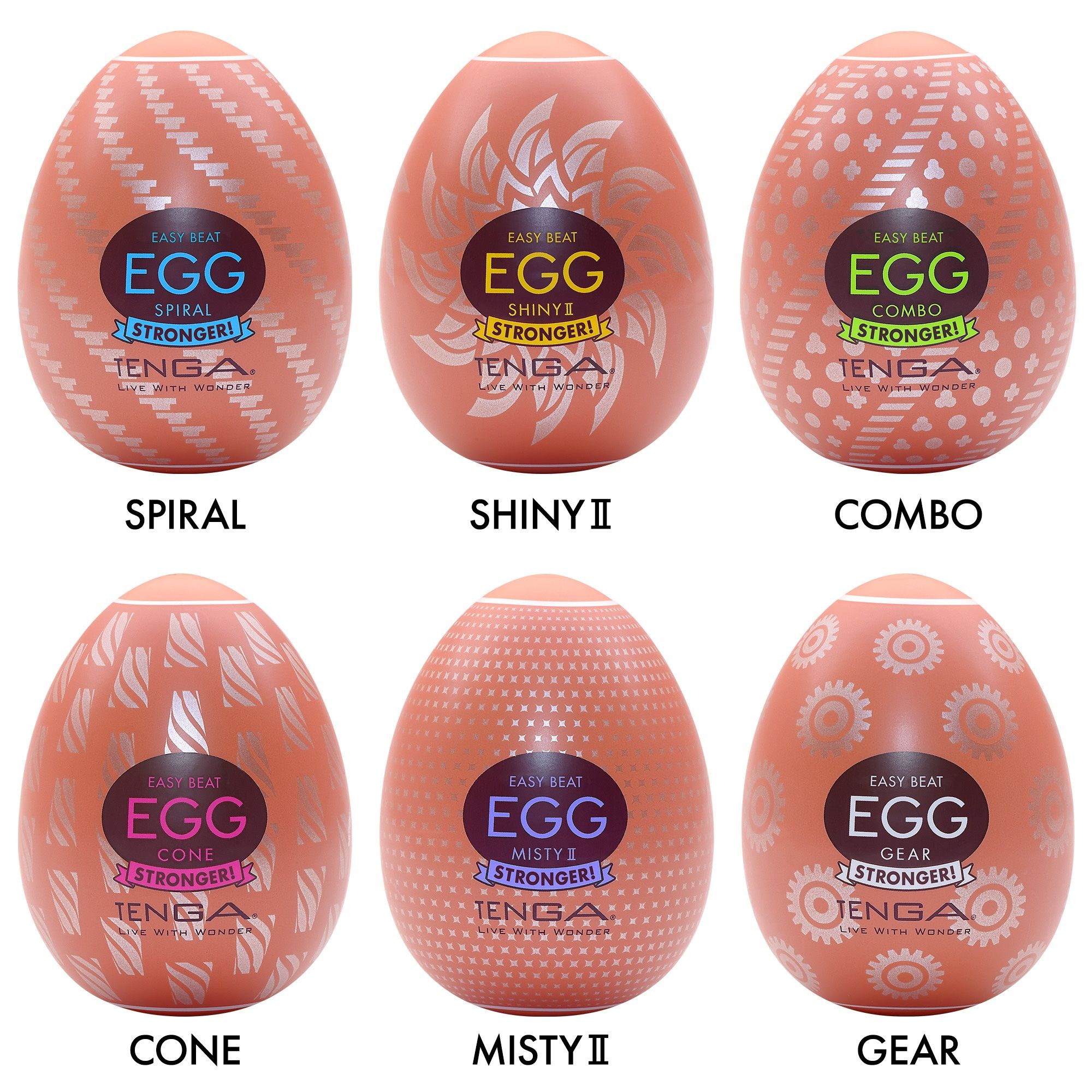 Sechs Eier in verschiedenen Designs und Farben. Beschriftungen: SPIRAL, SHINY II, COMBO, CONE, MISTY II, GEAR. Marke: TENGA.