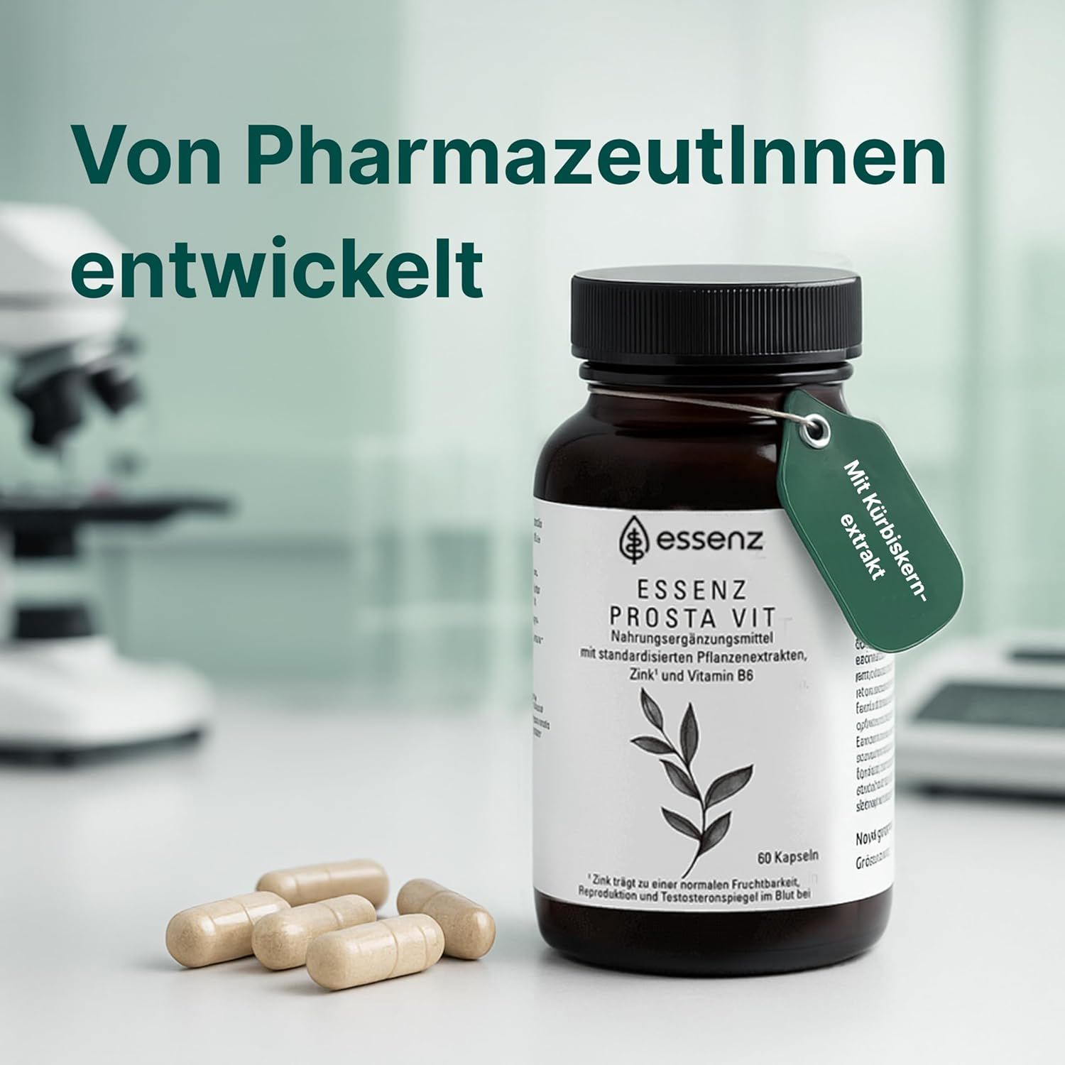 Braune Flasche ESSENZ Prosta Vit Kapseln, 60 Kapseln. Mit Kapseln. Etikett: Mit Kürbiskernextrakt. Hintergrund: Labor.