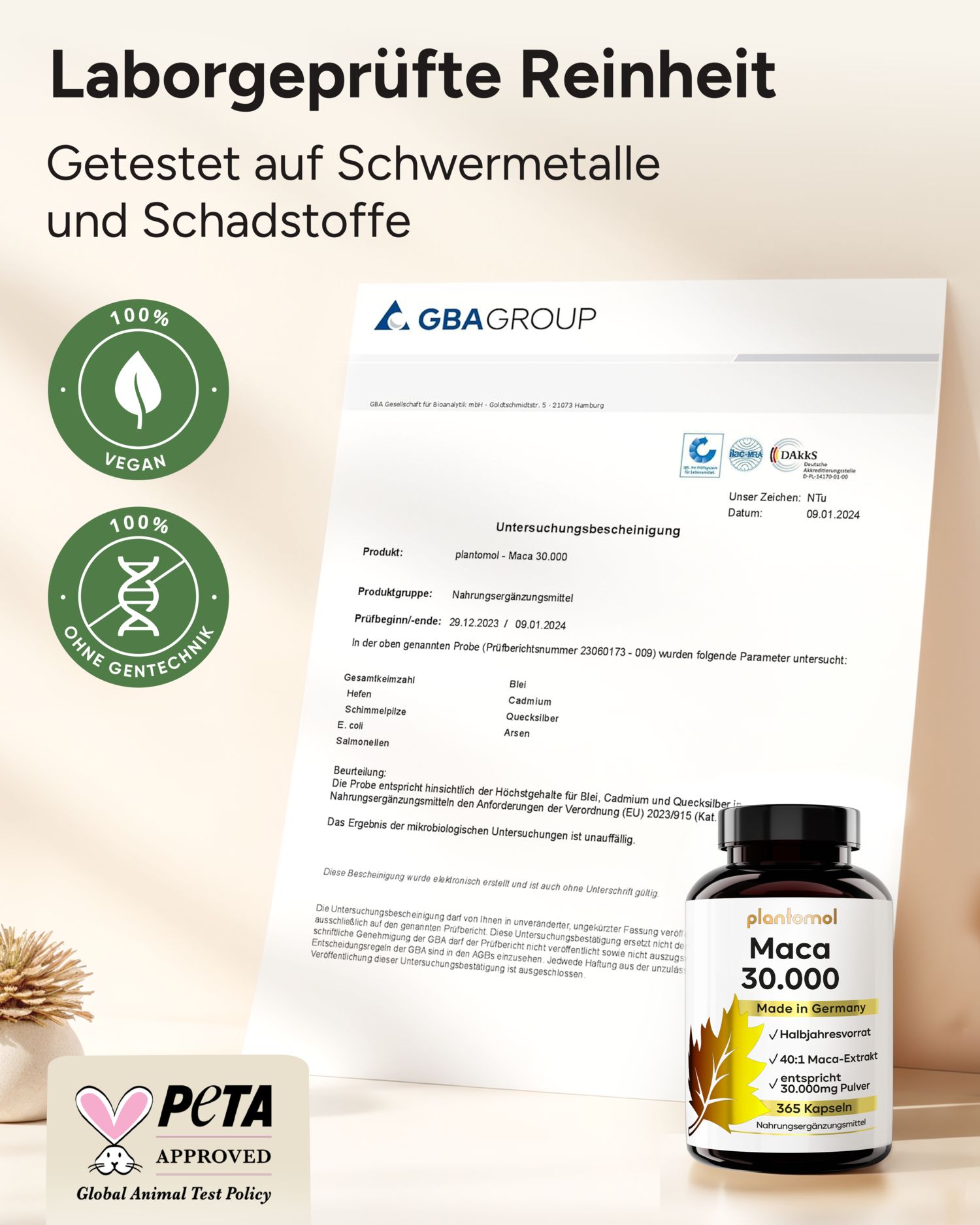 Zertifizierungsdokument und Flasche mit plantomol Maca 30.000. Vegan, ohne Gentechnik, PETA-Approved.