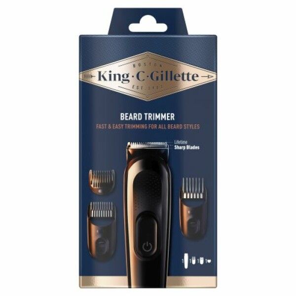 Verpackung des Barttrimmers King C. Gillette. Schwarzes Gerät mit Aufsätzen. Text: 'Fast & Easy Trimming'. 'Lifetime Sharp Blades'.